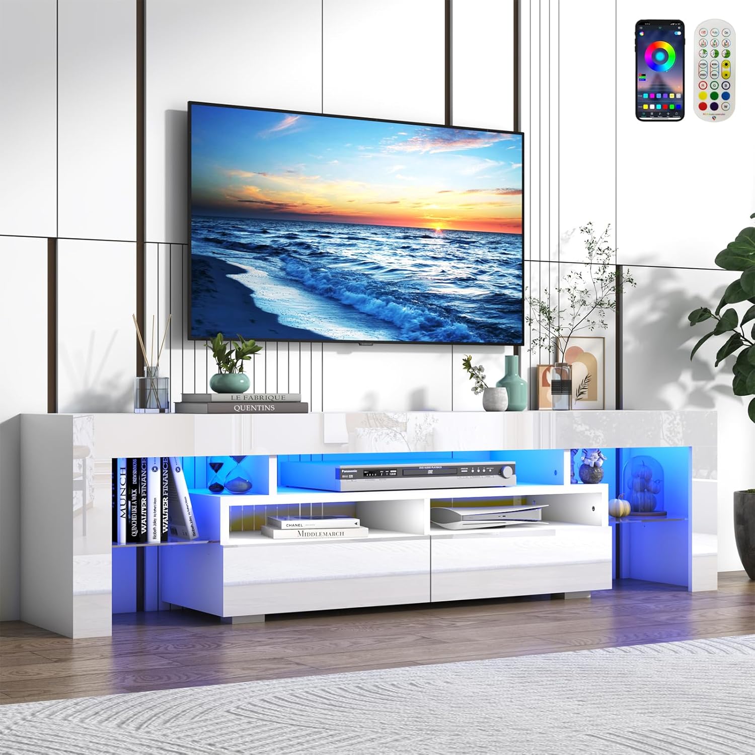 Blotout 71in LED TV Stand for 75/80 inch TV, High Gloss TV Entertainment Center with 2 Large Storage Drawer, APP RGB Light, Modern TV Stands for Living Room