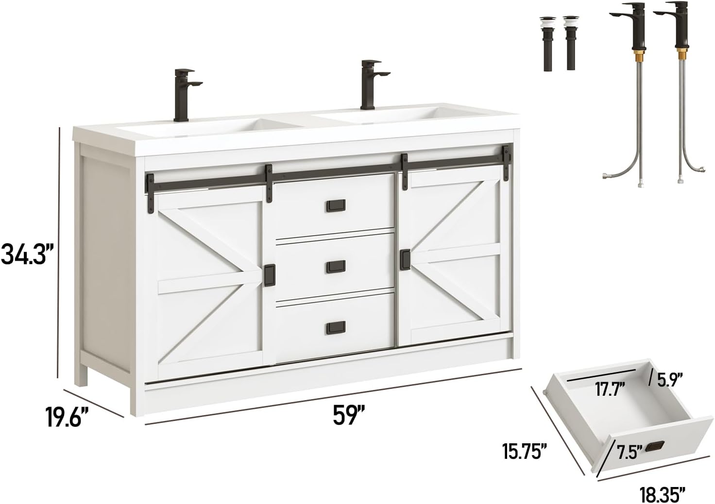 Blotout Double Bathroom Vanity with Sink & Faucet & Sewer Pipes, 59" Farmhouse Bathroom Vanity Cabinet Set with Sliding Barn Door & 3 Drawers, Freestanding Bath Storage Vanity Sink