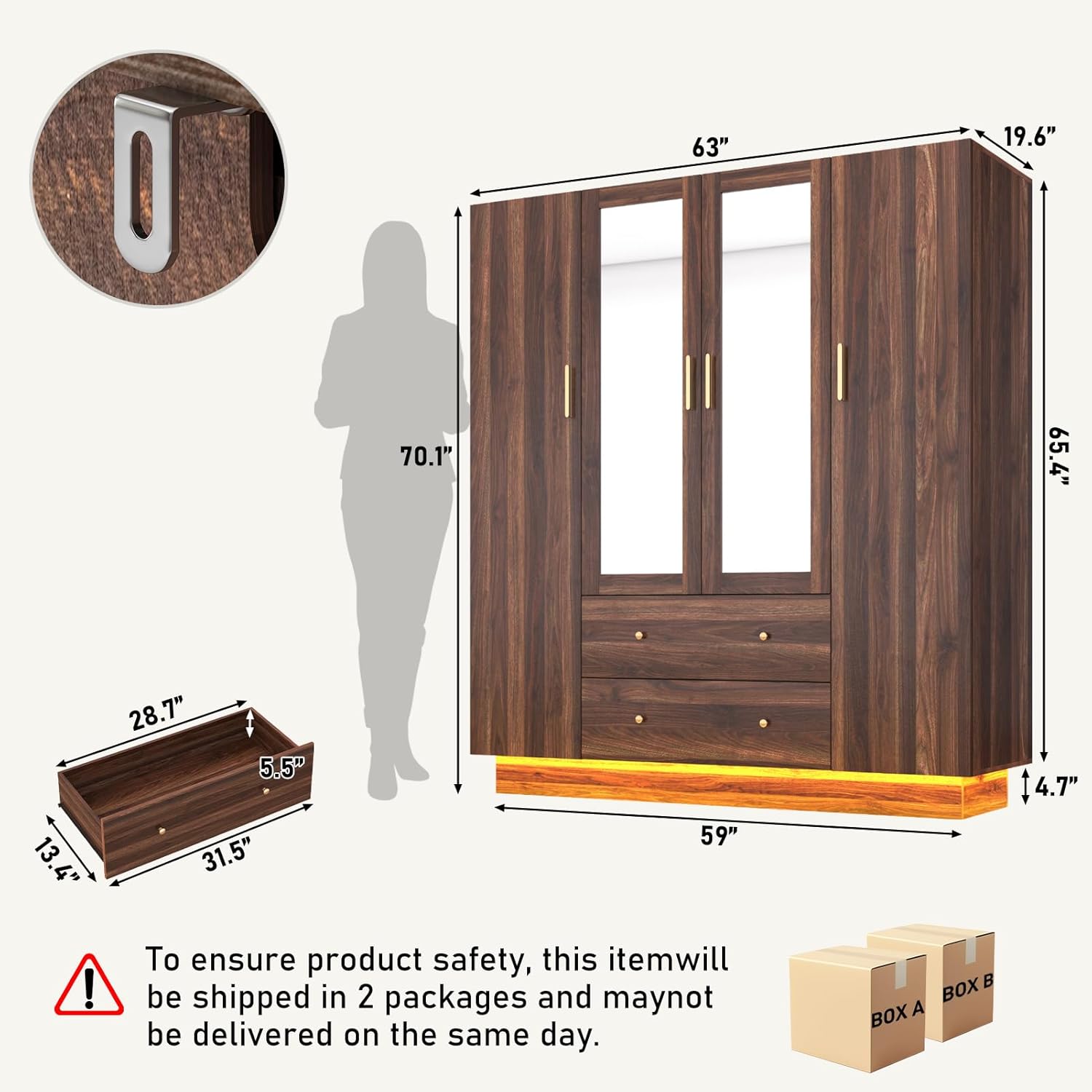 Blotout 70" Armoire Wardrobe Closet with Mirror, LED Wardrobe Armoire with 2 Drawers, 4 Door Wood Armoire Storage with Hanging Rods and Multi-Layer Shelves