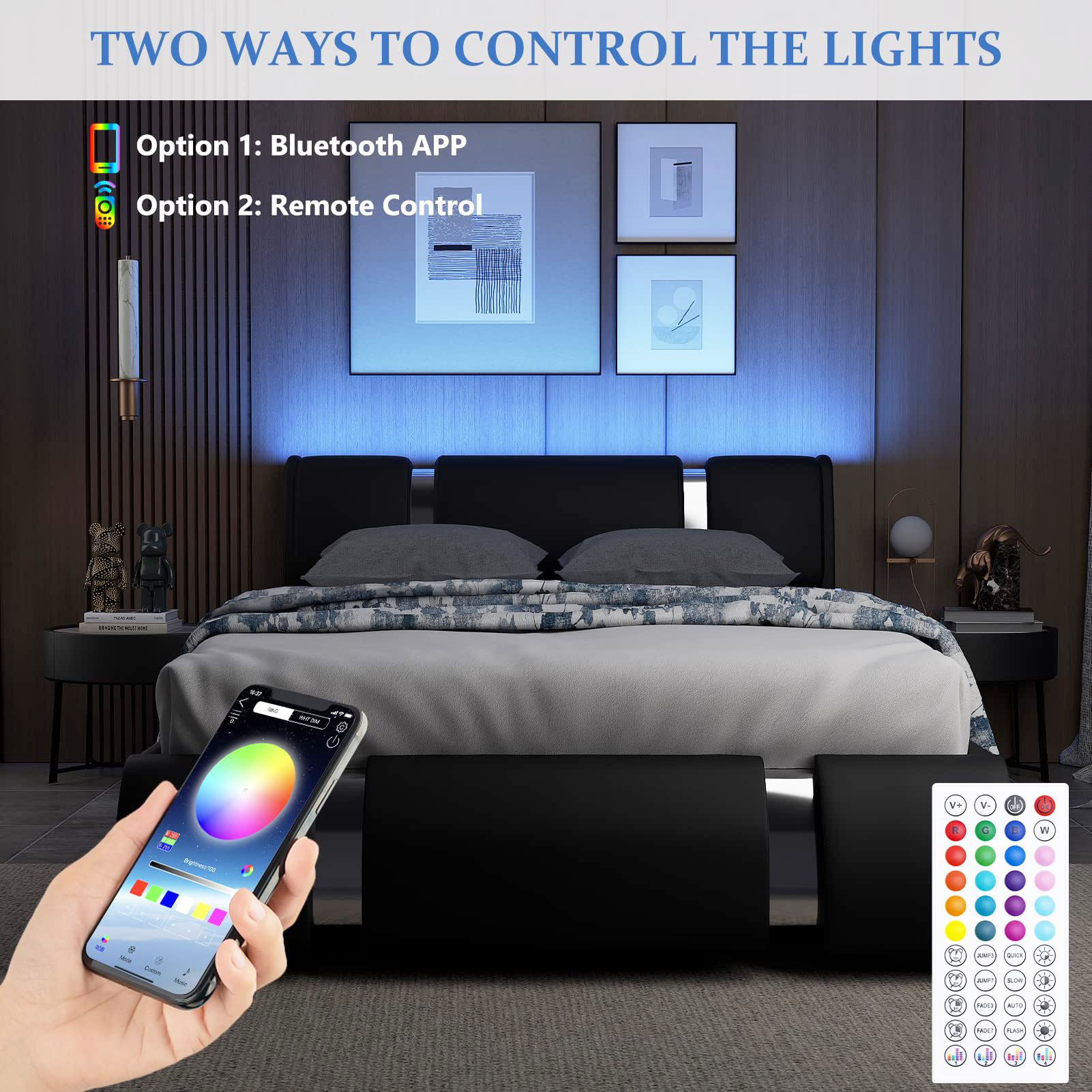 Faux Leather Bed Frame with LED Light Headboard, Modern Platform Bed Frame Deluxe Upholstered Bed with Curved Backrest