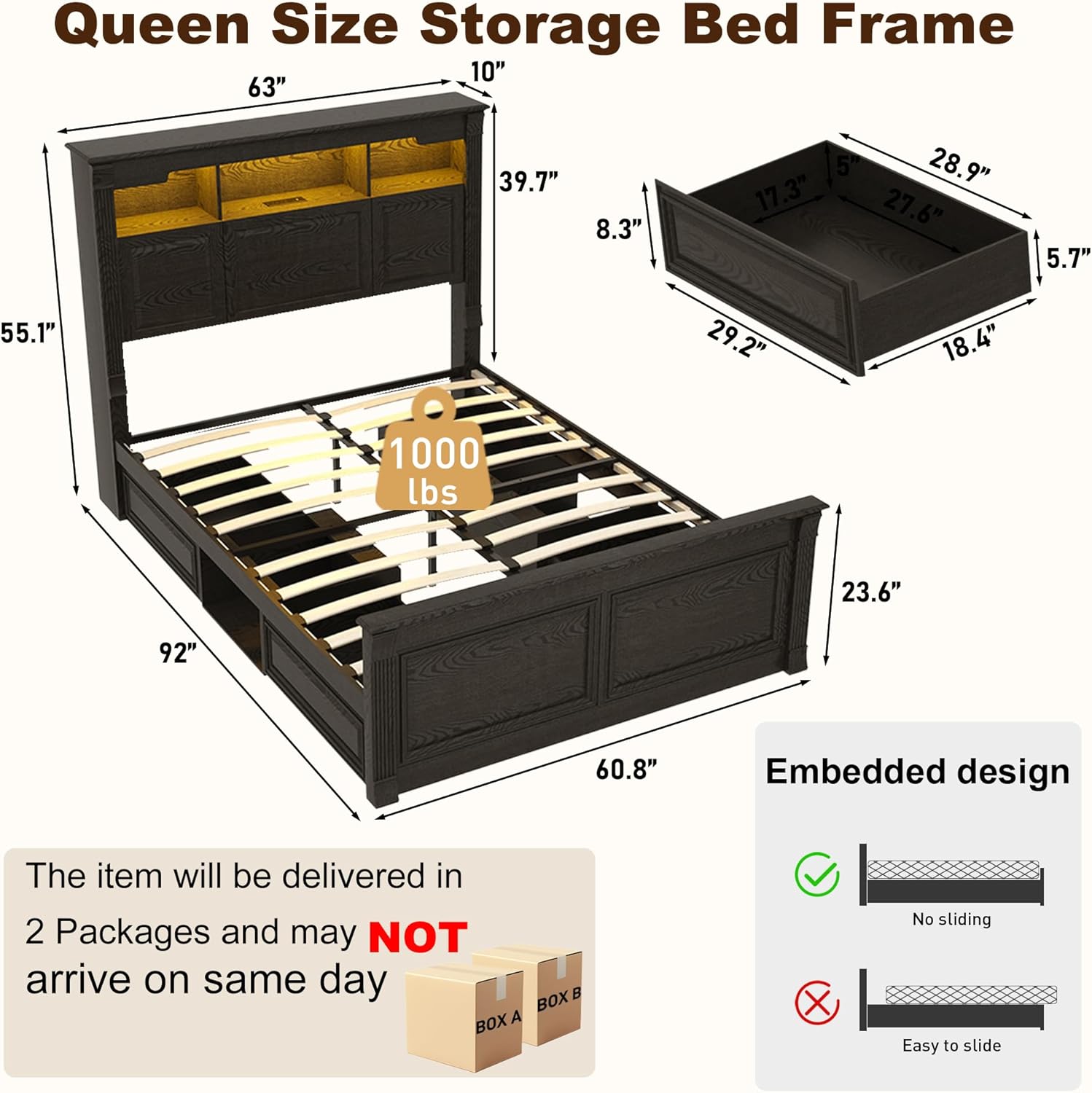 Blotout Farmhouse King Size Bed Frame with 55" Tall Storage Bookcase Headboard & 4 Drawers, Wood Platform Bed Frame with 24" Roman Colum Footboard, LED Light, Charging Station, No Box Spring Needed