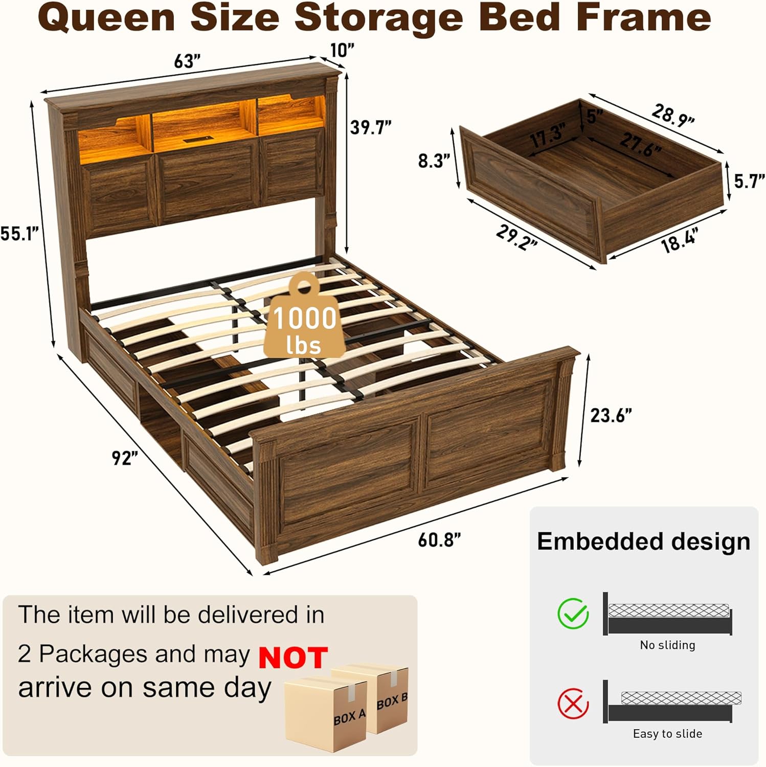 Blotout Farmhouse King Size Bed Frame with 55" Tall Storage Bookcase Headboard & 4 Drawers, Wood Platform Bed Frame with 24" Roman Colum Footboard, LED Light, Charging Station, No Box Spring Needed