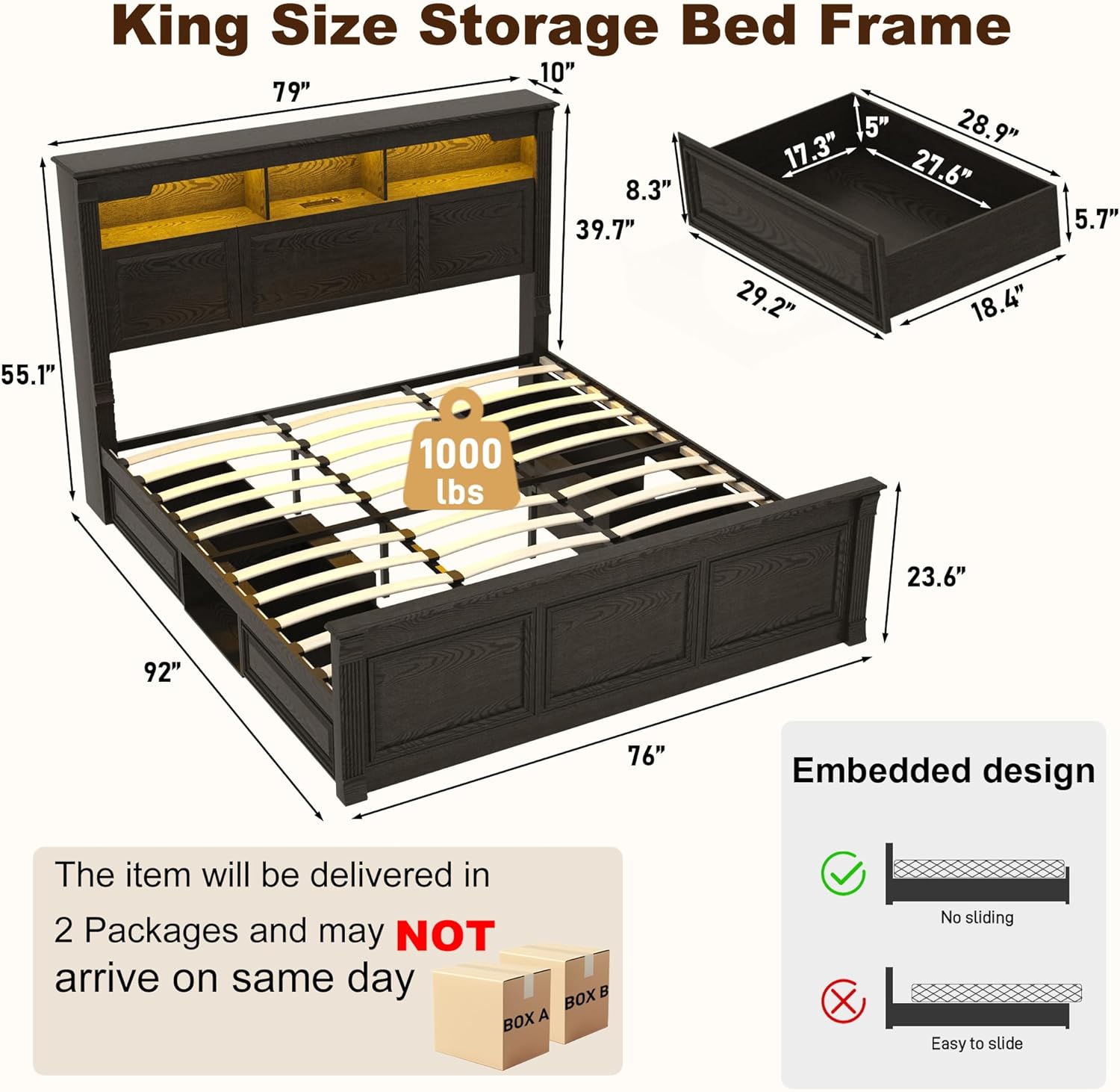 Blotout Farmhouse King Size Bed Frame with 55" Tall Storage Bookcase Headboard & 4 Drawers, Wood Platform Bed Frame with 24" Roman Colum Footboard, LED Light, Charging Station, No Box Spring Needed