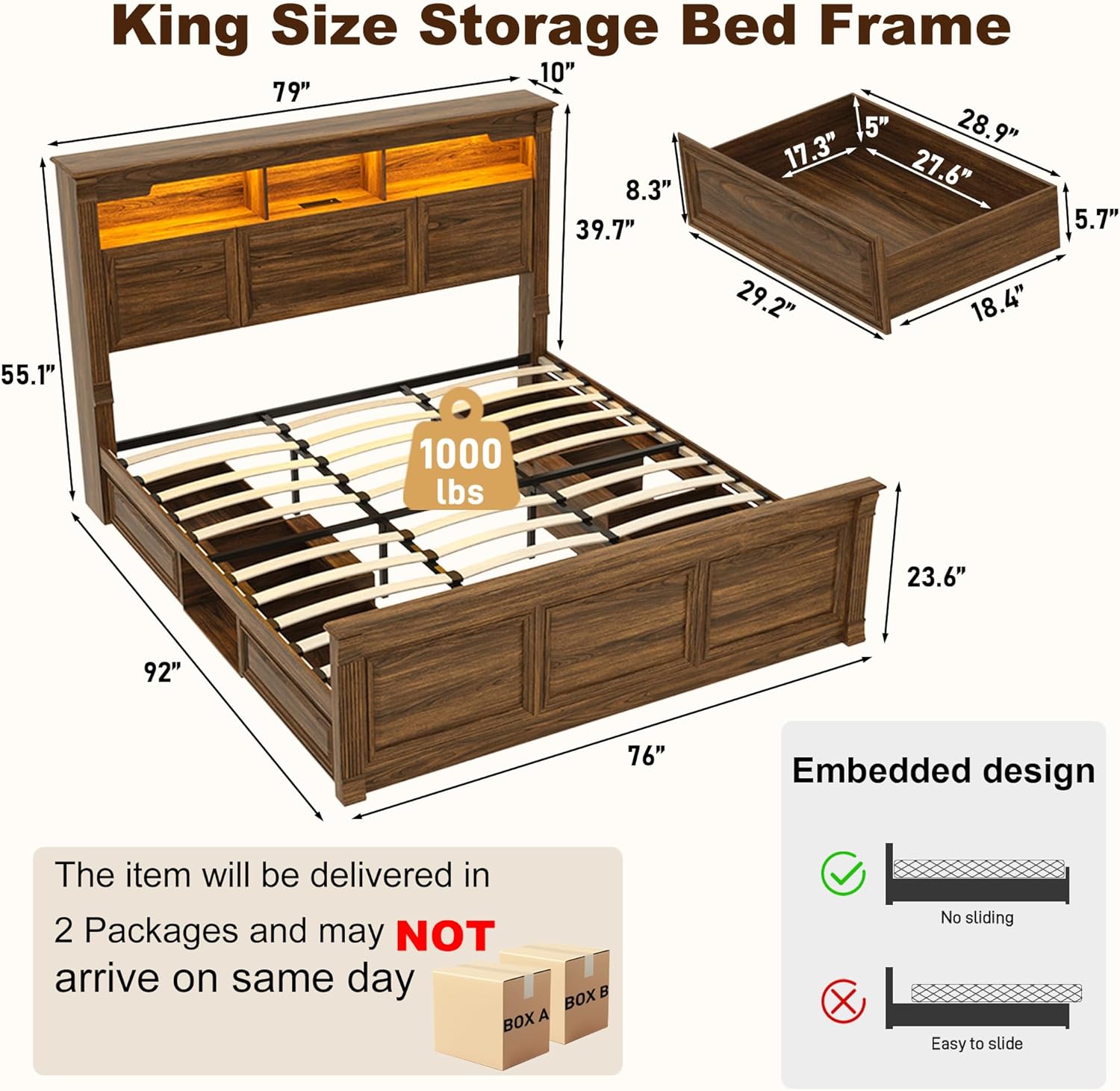 Blotout Farmhouse King Size Bed Frame with 55" Tall Storage Bookcase Headboard & 4 Drawers, Wood Platform Bed Frame with 24" Roman Colum Footboard, LED Light, Charging Station, No Box Spring Needed