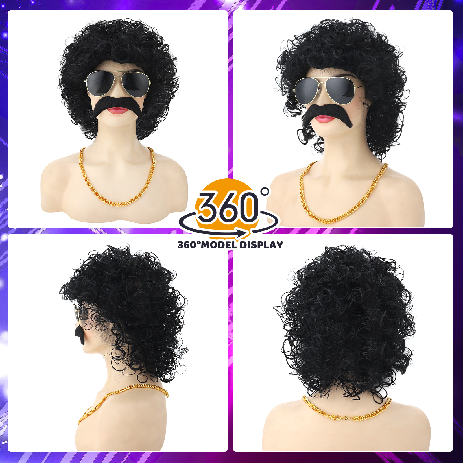 sixwipe 8 Pack 70s 80s Mullet Wigs Set for Men, Disco Wigs with Mustache Glasses and Chain, Kinky Curly/Straight Wigs, Funny Costume Wigs for Rocker Hippies Halloween Cosplay Party