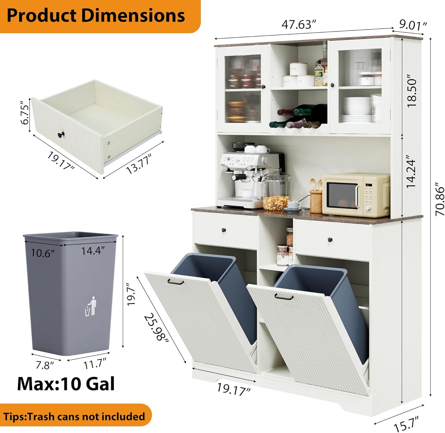 Blotout 47" Wide Kitchen Pantry Storage Cabinet with Charging Station & Microwave Stand, Tall Fluted Kitchen Hutch Cabinet, Double Tilt Out Trash Can Cabinet 10X2 Gallon