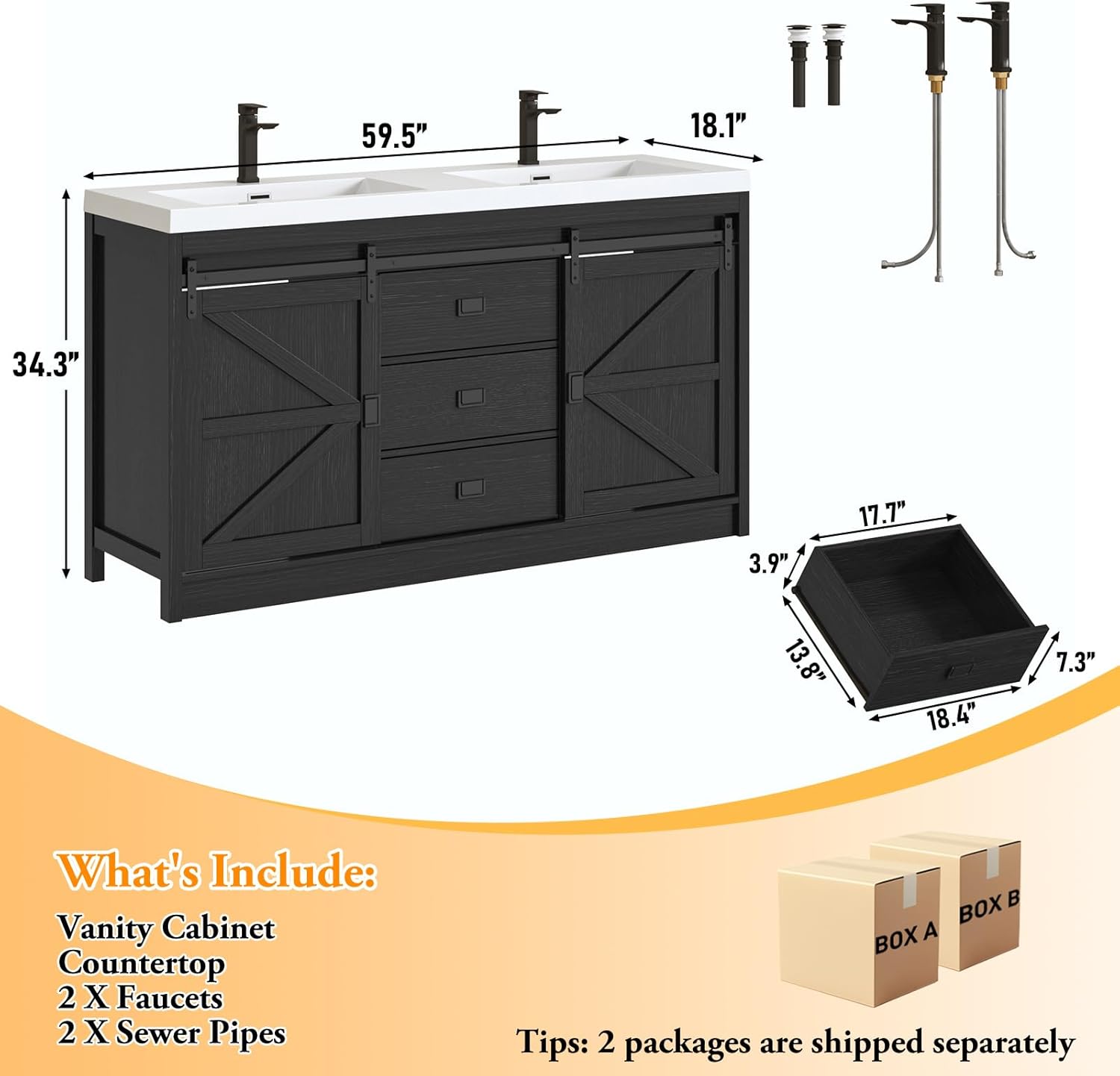 Blotout Double Bathroom Vanity with Sink & Faucet & Sewer Pipes, 59" Farmhouse Bathroom Vanity Cabinet Set with Sliding Barn Door & 3 Drawers, Freestanding Bath Storage Vanity Sink