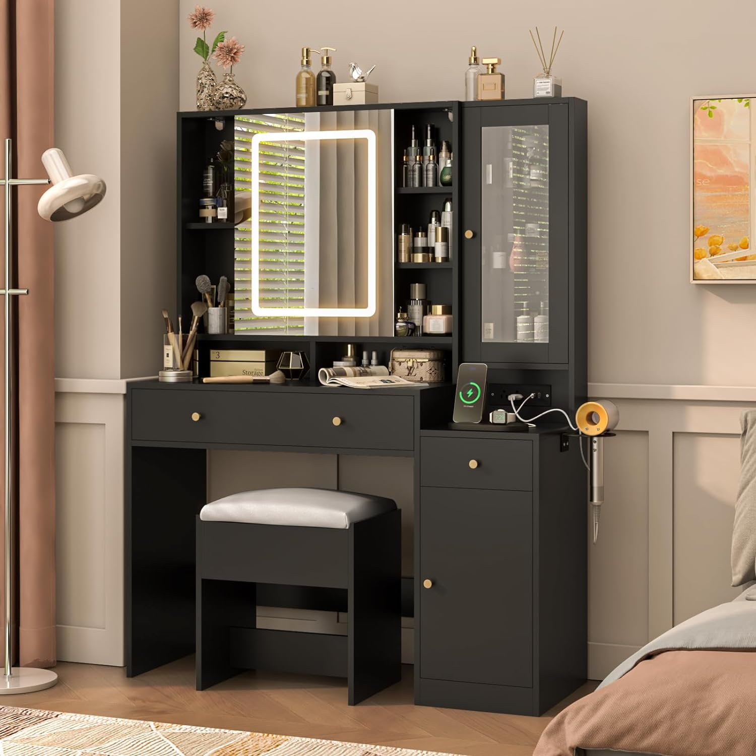 Black Vanity Desk with Sliding Mirror & Lights, Vanity Table Makeup Desk with Charging Station 2 Drawers 2 Doors, Lots of Storage Shelves, Large Vanity Set with Cushioned Stool