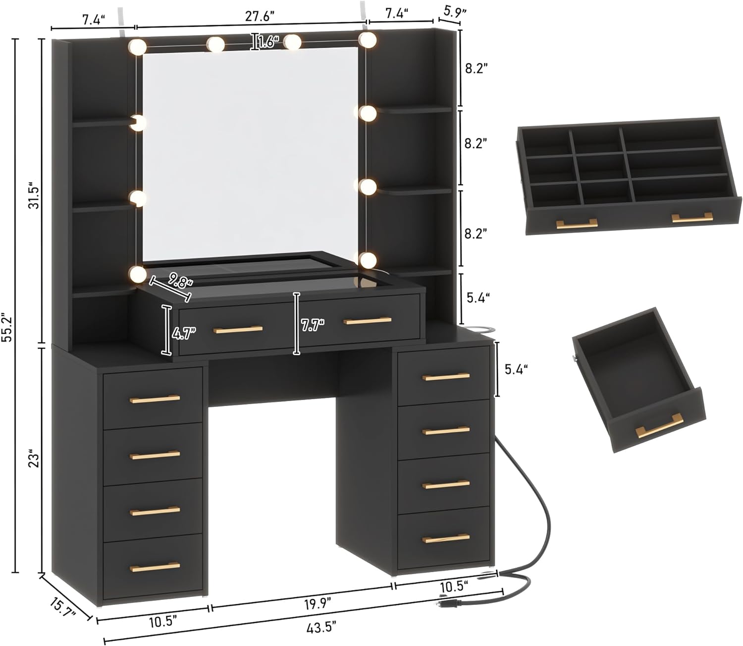 Black Vanity Desk with Mirror and Lights, Large Vanity Table Makeup Desk with Charging Station 9 Drawers and 6 Shelves, Lots Storage Shelves(Black)