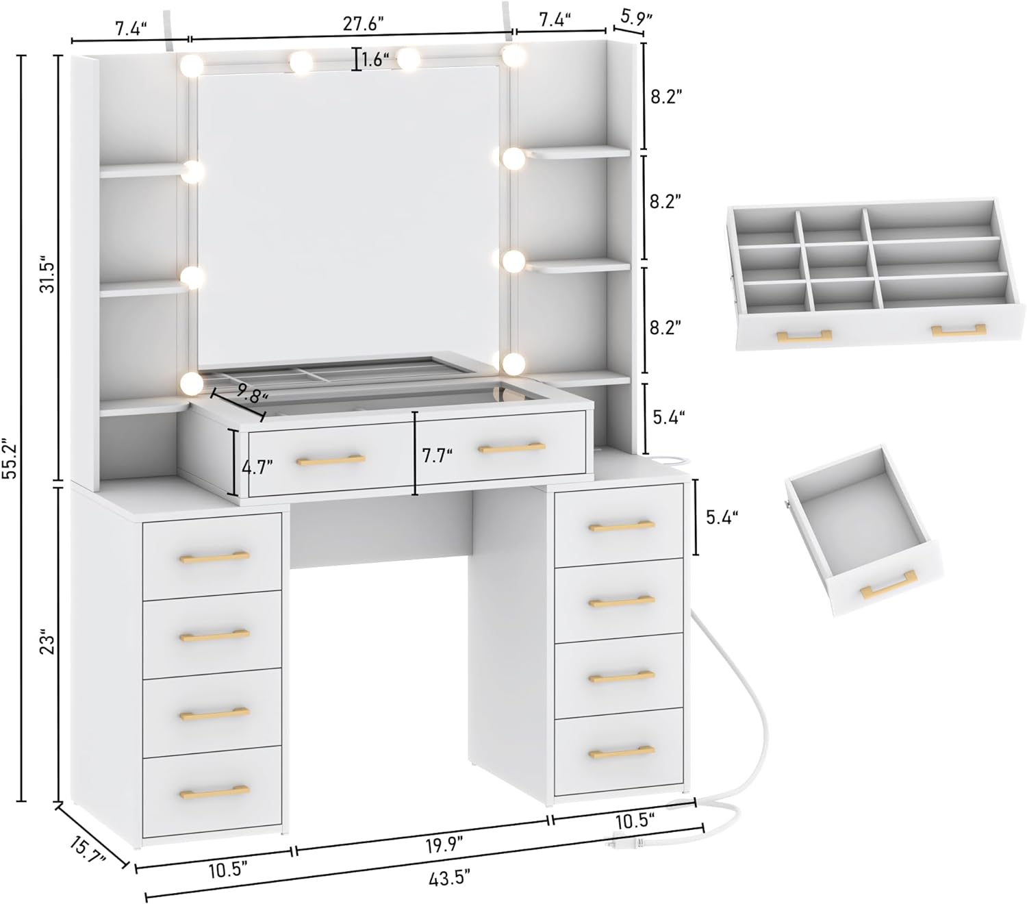 Black Vanity Desk with Mirror and Lights, Large Vanity Table Makeup Desk with Charging Station 9 Drawers and 6 Shelves, Lots Storage Shelves(Black)