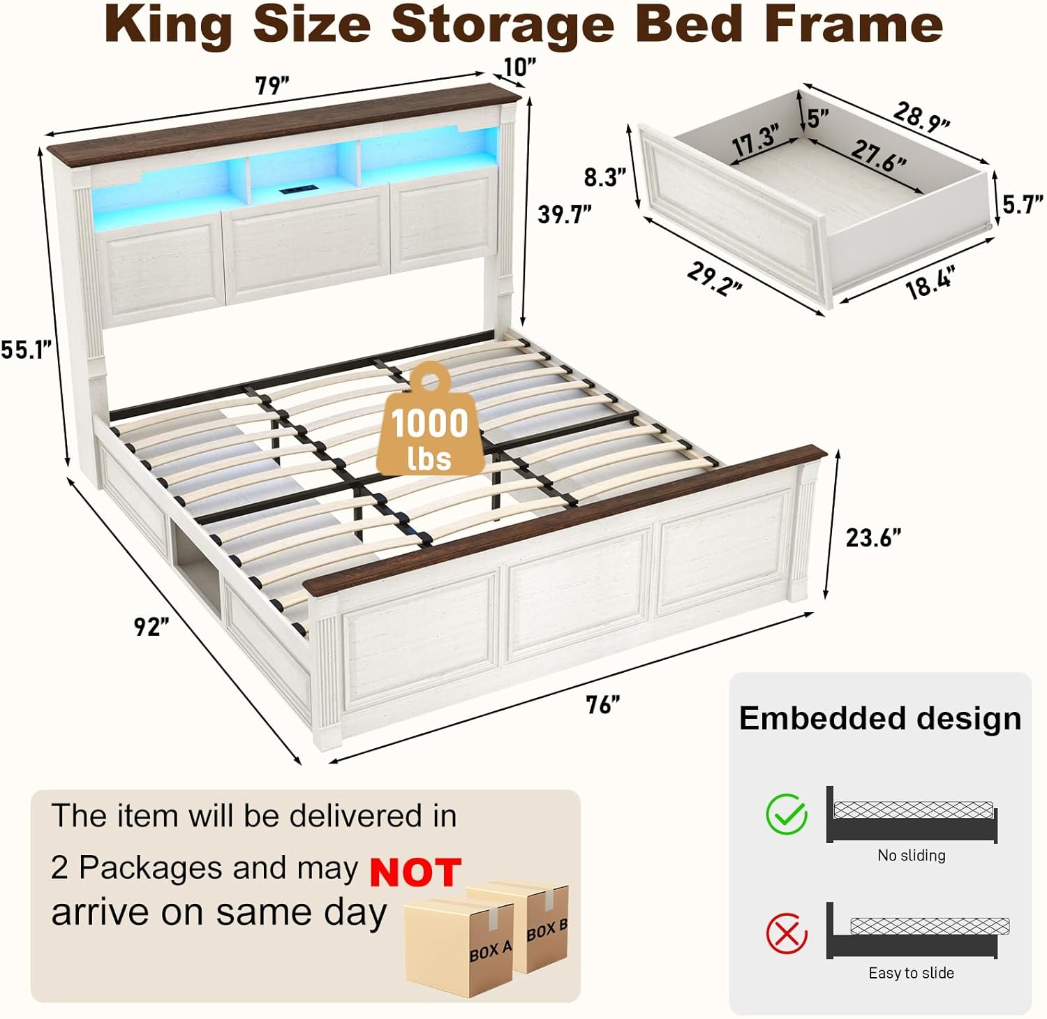 Blotout Farmhouse King Size Bed Frame with 55" Tall Storage Bookcase Headboard & 4 Drawers, Wood Platform Bed Frame with 24" Roman Colum Footboard, LED Light, Charging Station, No Box Spring Needed