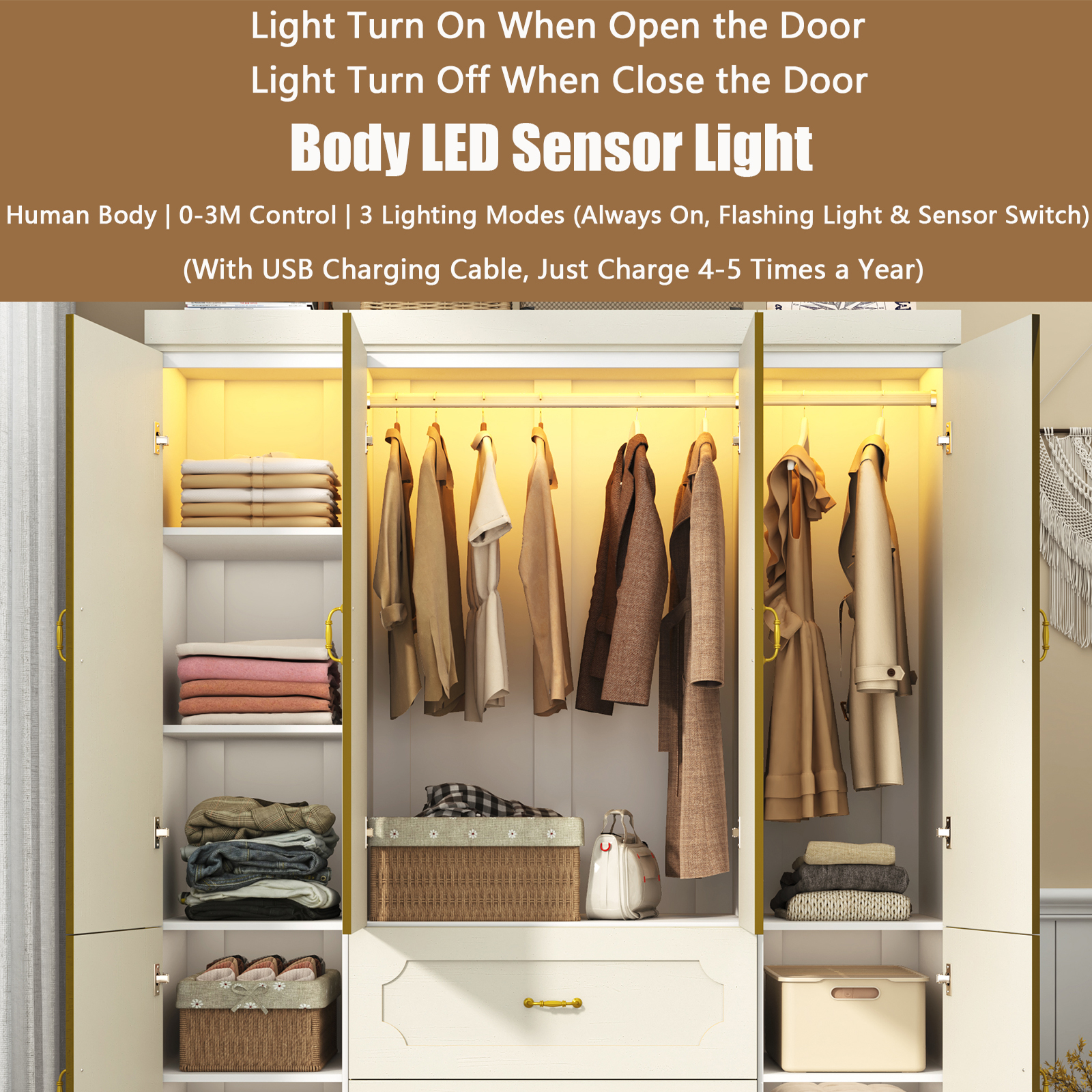 Blotout 75"H Armoire Wardrobe Closet with Mirror and LED Lights, LED Clothing Storage Cabinet with Hanging Rod and Drawers, 4 Door Wooden Wardrobe Cabinet for Bedroom