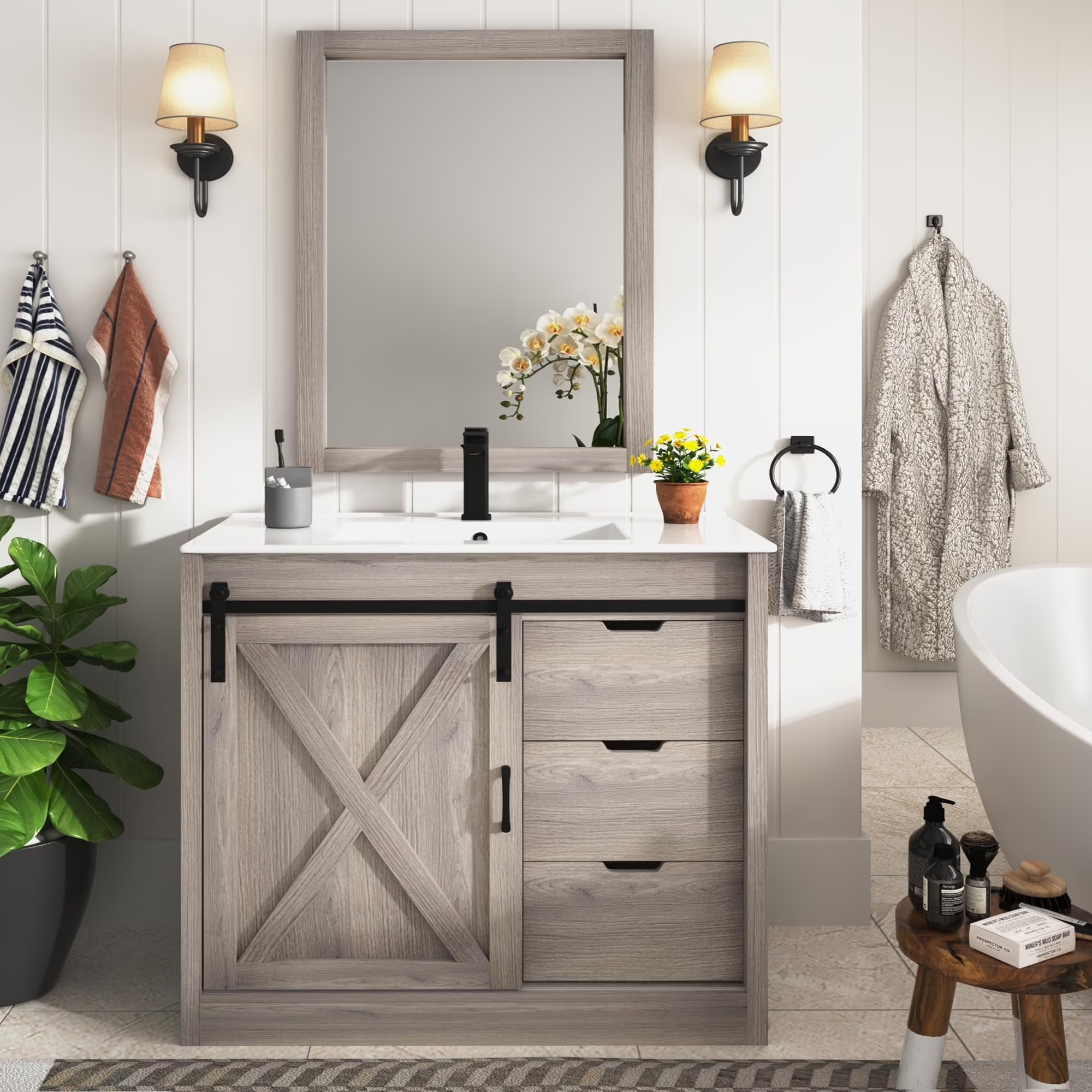 Blotout 36" Bathroom Vanity with Sink & Faucet & Mirror, Farmhouse Bathroom Vanity Cabinet Set with Sliding Barn Door & 3 Drawers, Freestanding Single Bath Storage Vanity Ceramic Sink
