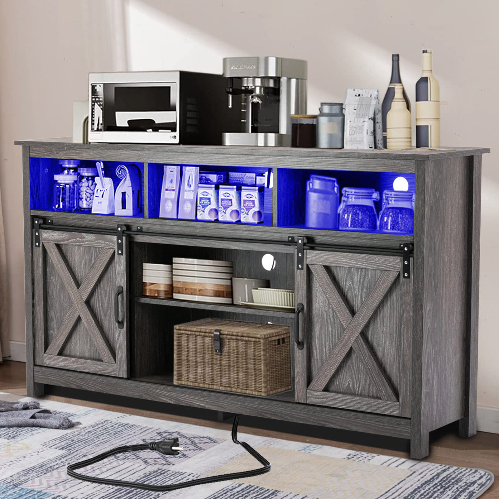 Blotout 4 Layer Farmhouse Coffee Bar Cabinet With Power Outlet & LED Light