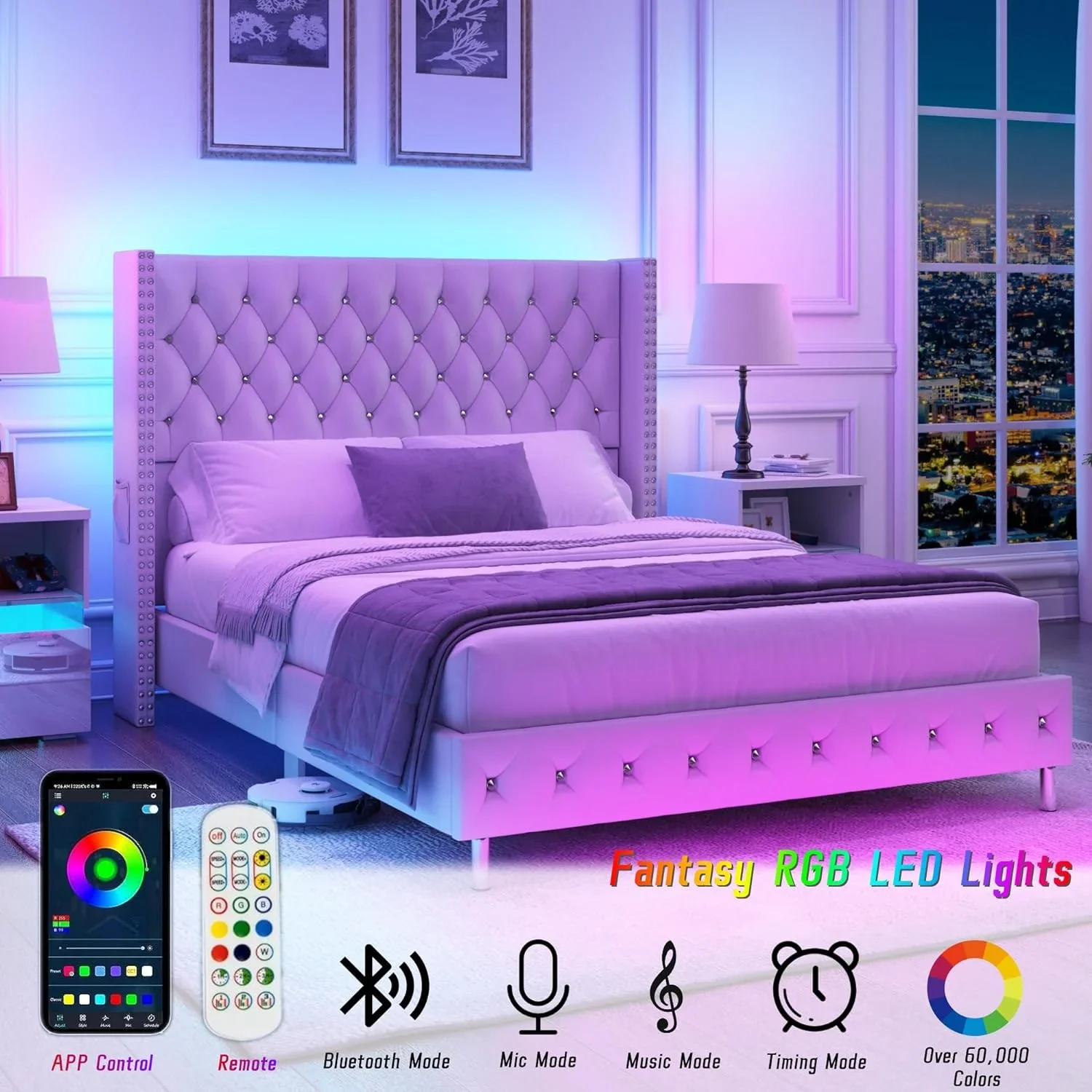 Queen LED Upholstered Bed Frame with Wingback Headboard, Velvet Diamond Button Tufted Bed Frame USB & Type-C Ports and Side Pockets, Wood Slats Support, No Box Spring Needed