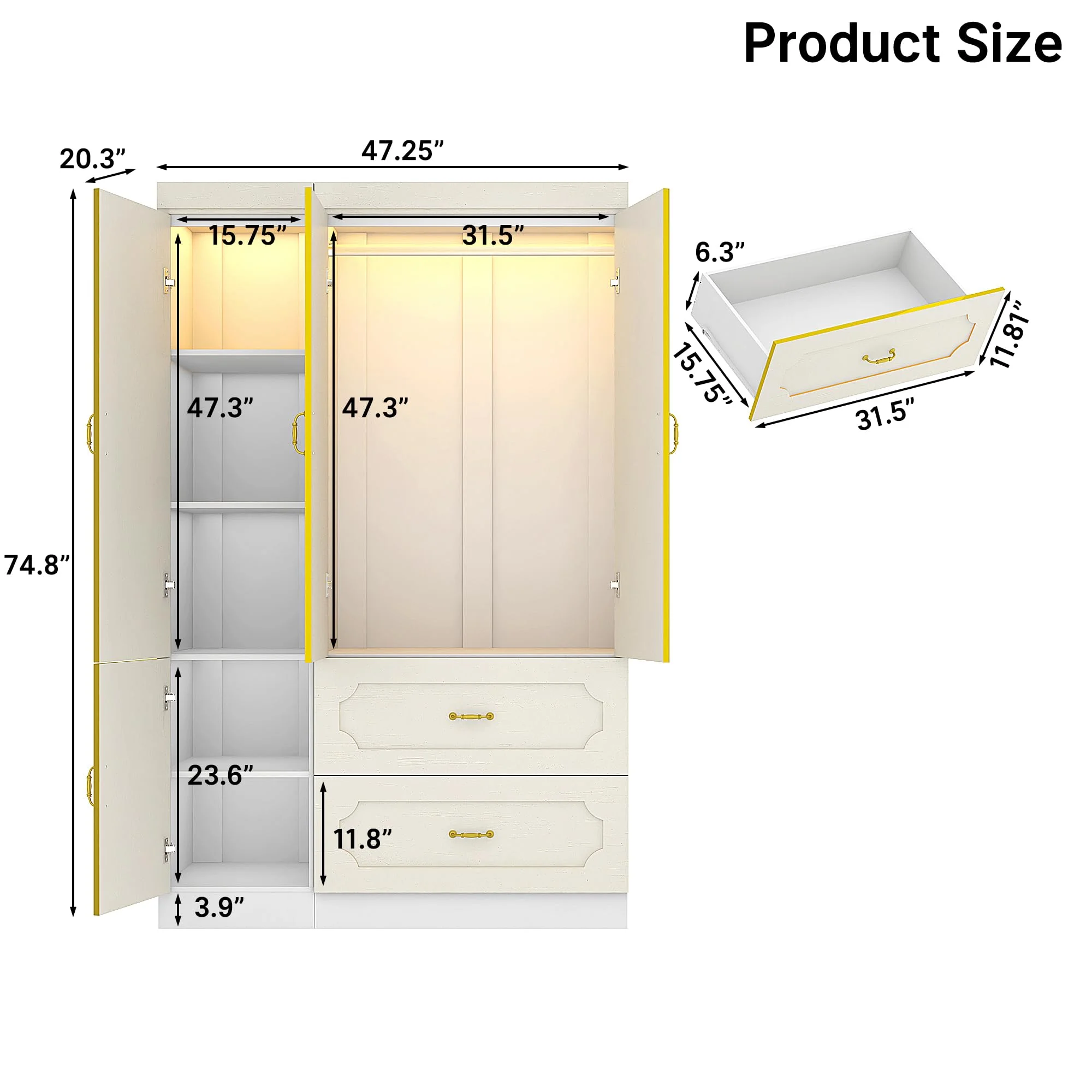 75"H 3 Doors Armoire Wardrobe Closet with Mirror and LED Lights, LED Clothing Storage Cabinet with Hanging Rod and Drawers, Modern Wooden Wardrobe Cabinet for Bedroom