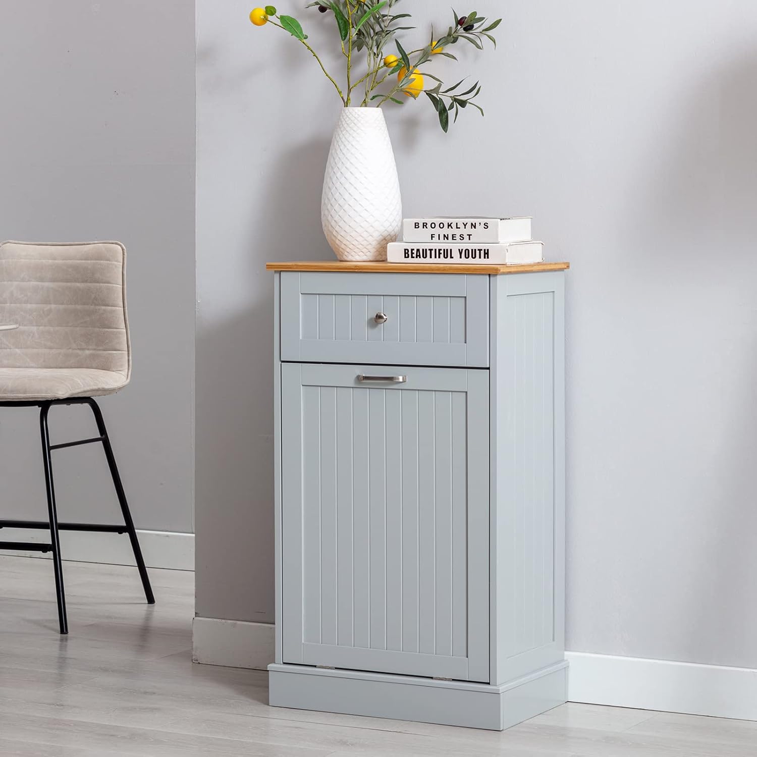 Hlivelood Double Trash Cabinet Tilt Out 20 Gallon, Pet Proof Kitchen Trash Cabinet Laundry Hamper with Cutting Board, Wood Garbage Recycling Station Hideaway Trash Holder Drawers