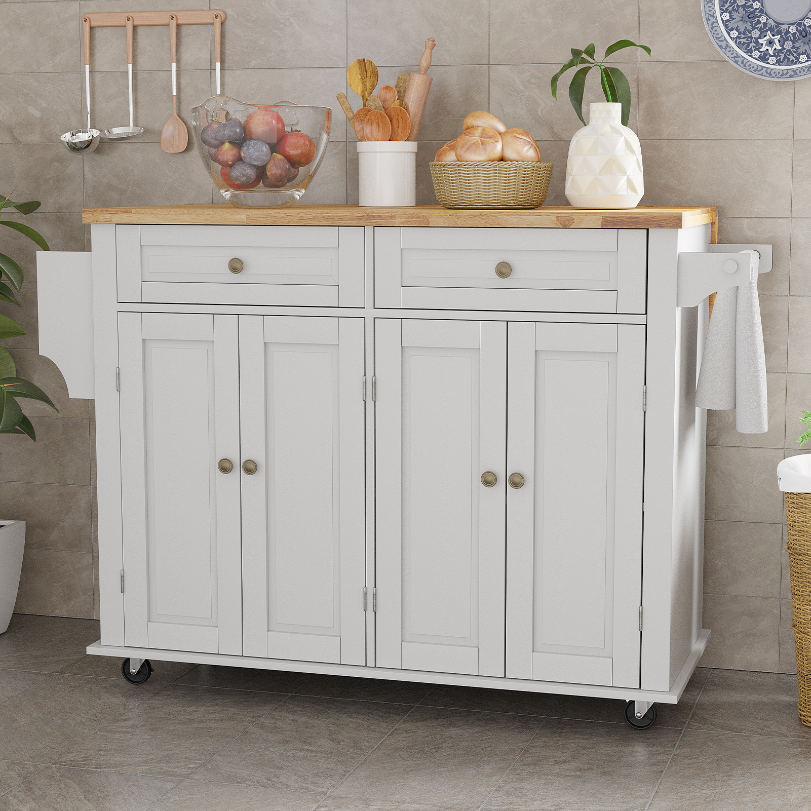 Hlivelood Rolling Kitchen Island Carts with Drop Leaf, Island Table for Kitchen with Rubber Wood Top and Rack and Storage Cabinet, Adjustable Shelves, 2 Drawer, Lockable Casters, Matte