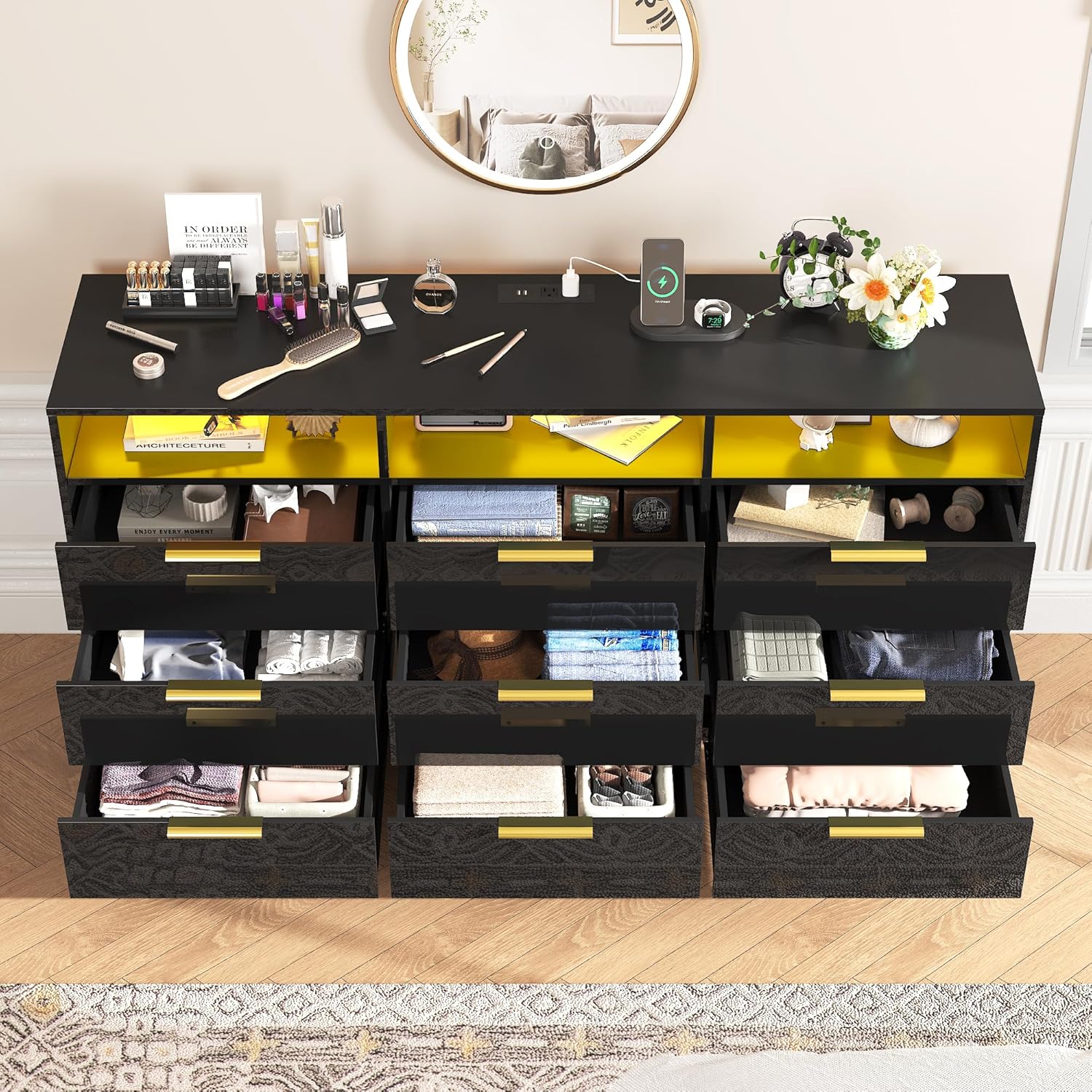 Blotout 9 Drawer Dresser with Charging Station, Modern Long Dressers & Chests of Drawers, Wood Dresser with LED Lights for Bedroom, Living Room, Hallway