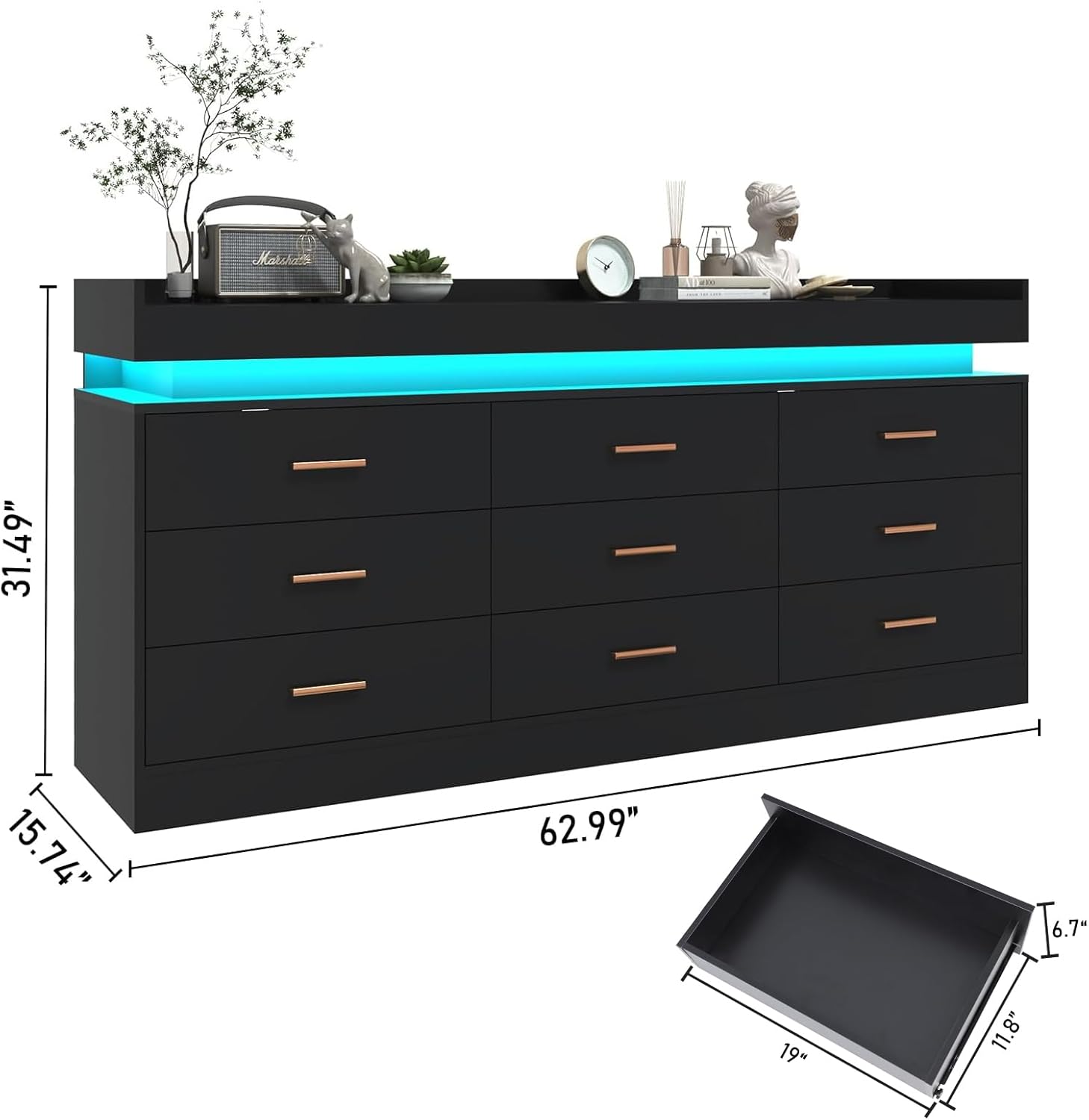 Black Dresser for Bedroom, 63 Inch Long 9 Drawers Dresser with Charging Station and LED light, Modern Large Wood Chest of Drawers, Dresser for Bedroom, Living Room, Entryway, Hallway