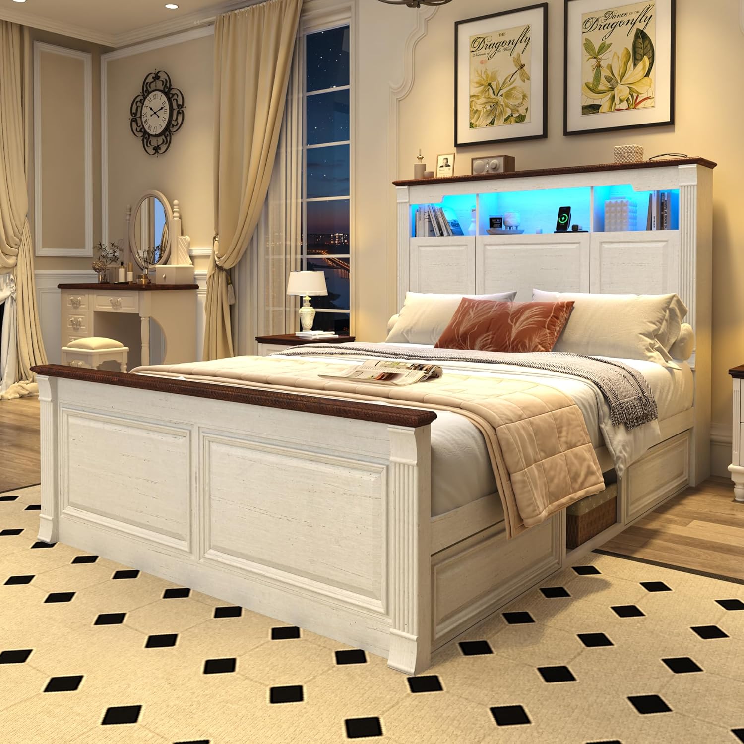 Blotout Farmhouse King Size Bed Frame with 55" Tall Storage Bookcase Headboard & 4 Drawers, Wood Platform Bed Frame with 24" Roman Colum Footboard, LED Light, Charging Station, No Box Spring Needed