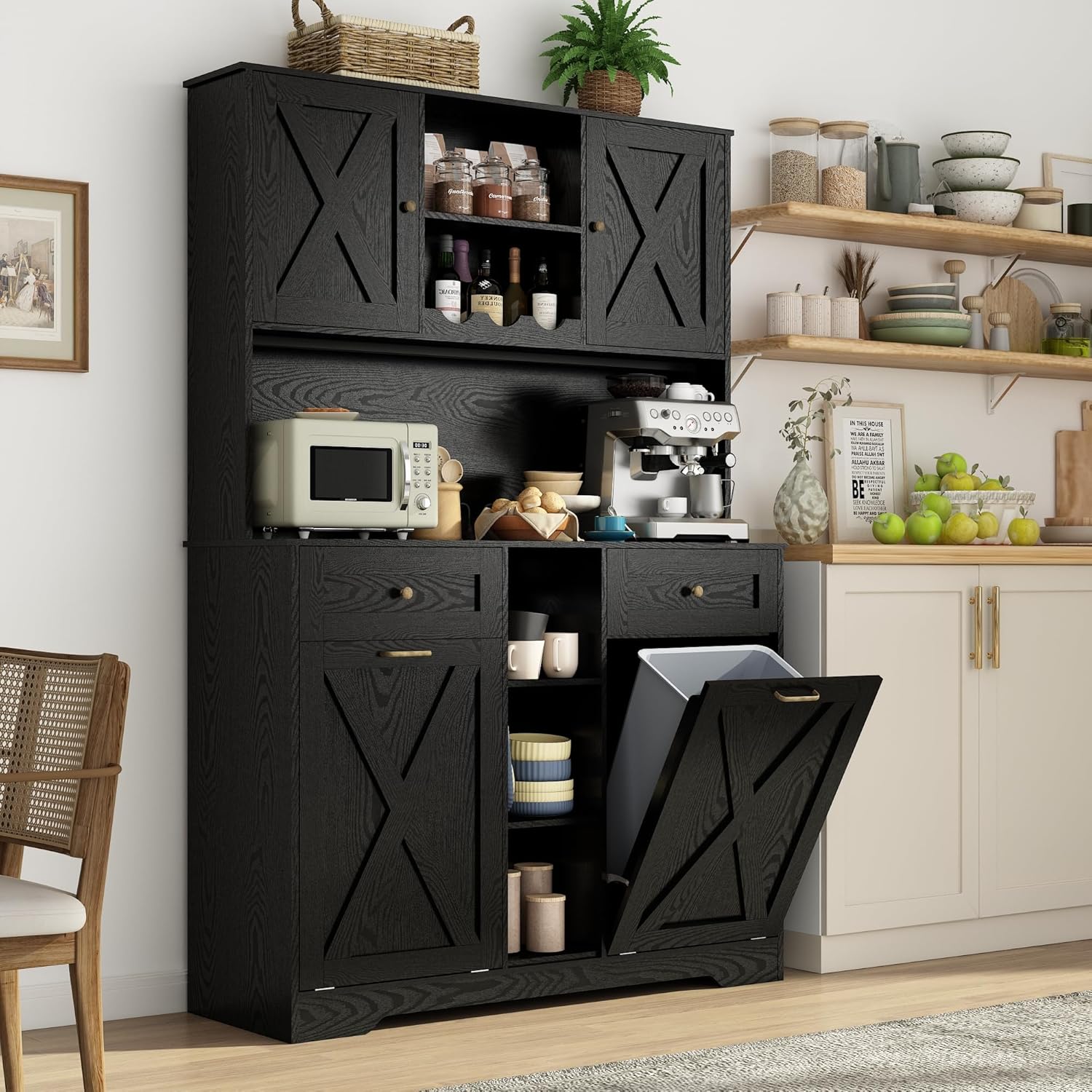 Blotout 47" Wide Kitchen Pantry Storage Cabinet with Charging Station & Microwave Stand, Tall Farmhouse Kitchen Hutch Cabinet, Double Tilt Out Trash Can Cabinet 10X2 Gallon