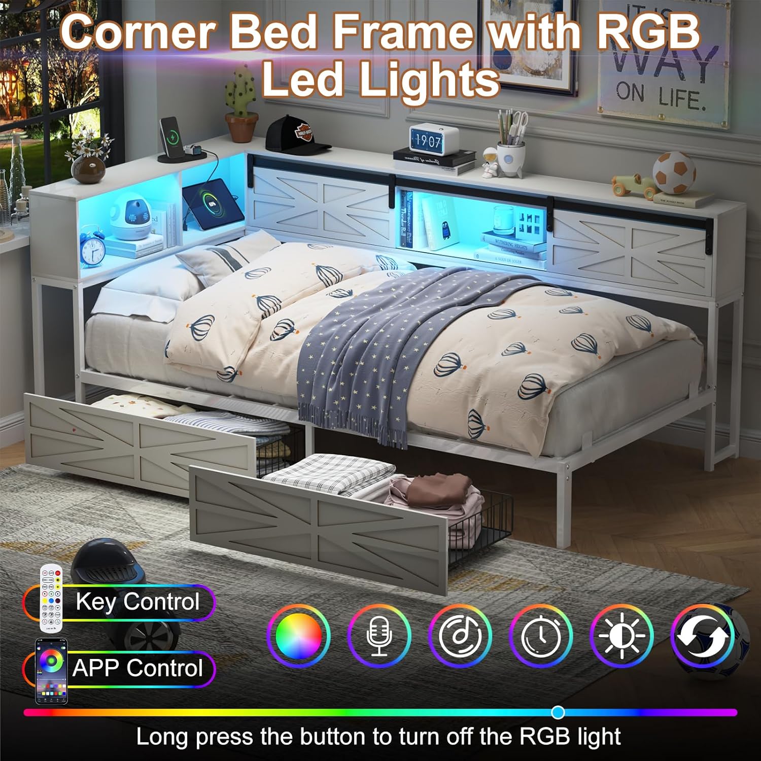 Blotout Twin Corner Bed Frame with Bookcase Headboard and Storage Drawers, Twin Metal Platform Bed Frame with Charging Station and LED Lights, Twin Size Daybed for Living Room, Bedroom and Guest Room