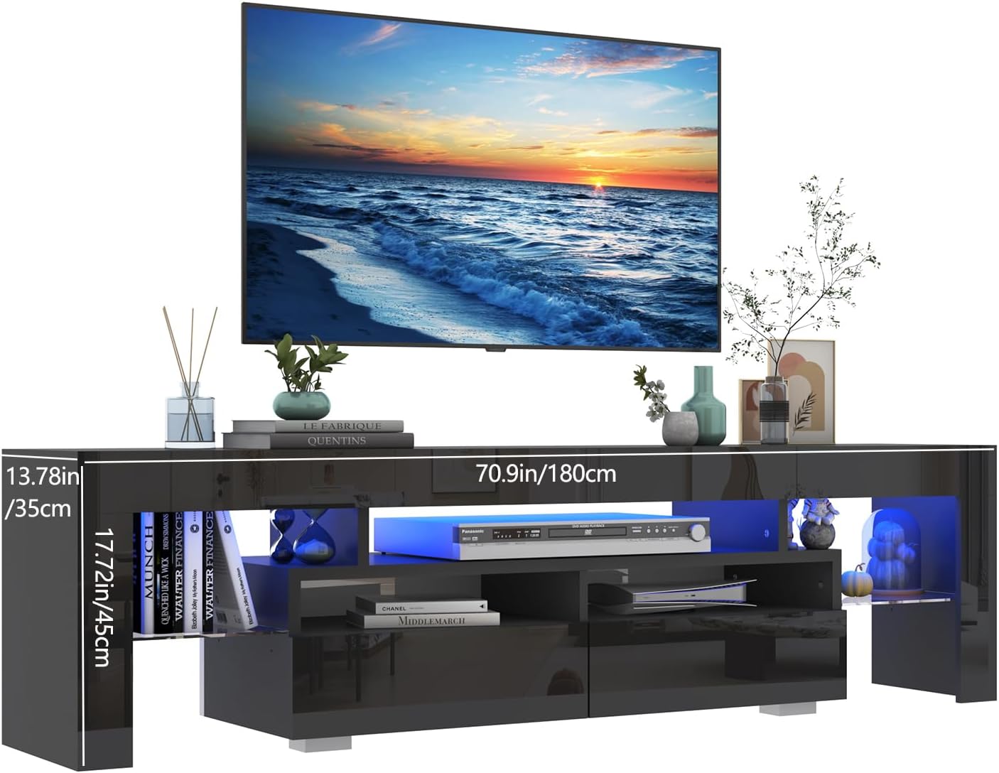 Blotout 71in LED TV Stand for 75/80 inch TV, High Gloss TV Entertainment Center with 2 Large Storage Drawer, APP RGB Light, Modern TV Stands for Living Room