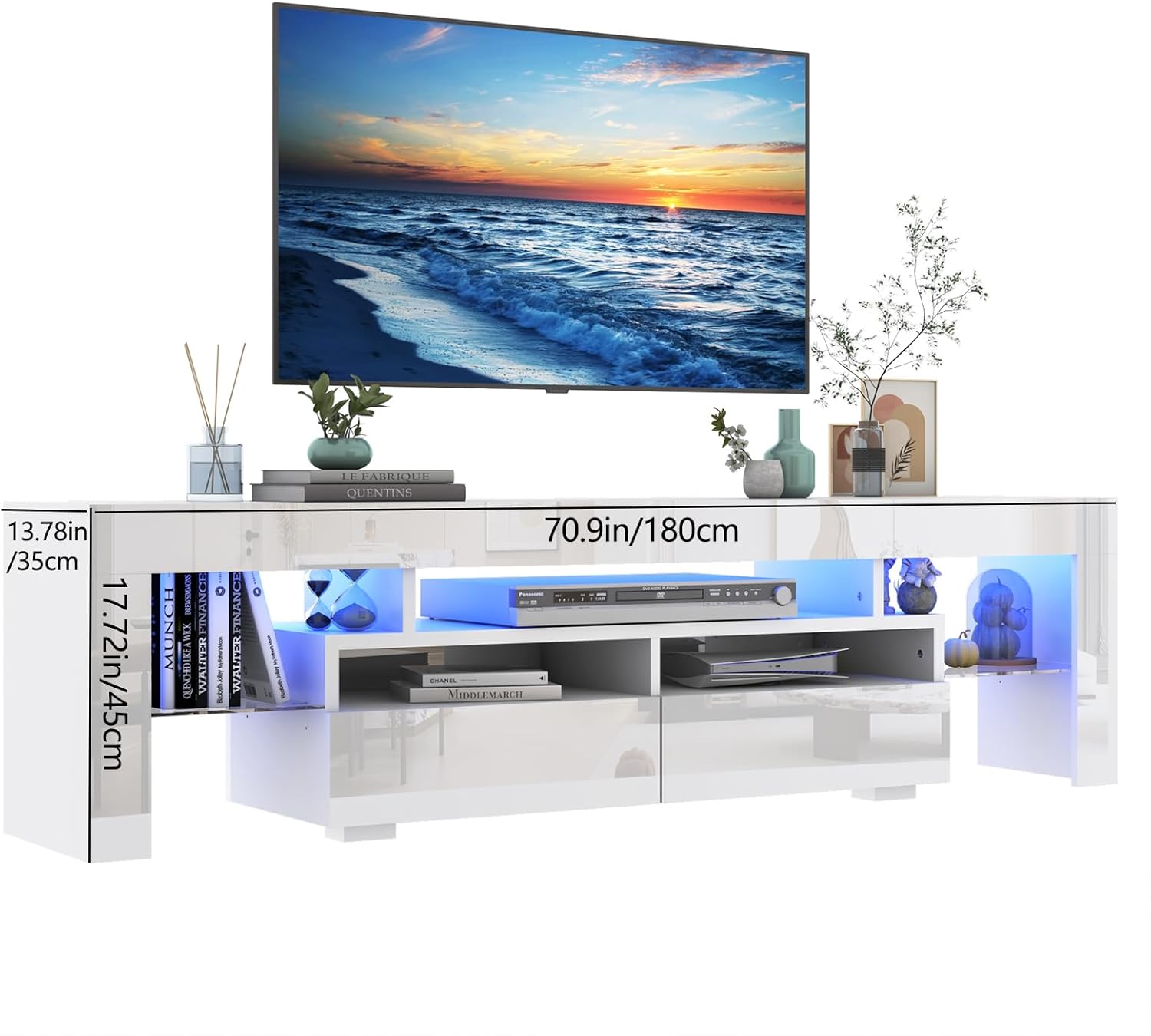 Blotout 71in LED TV Stand for 75/80 inch TV, High Gloss TV Entertainment Center with 2 Large Storage Drawer, APP RGB Light, Modern TV Stands for Living Room