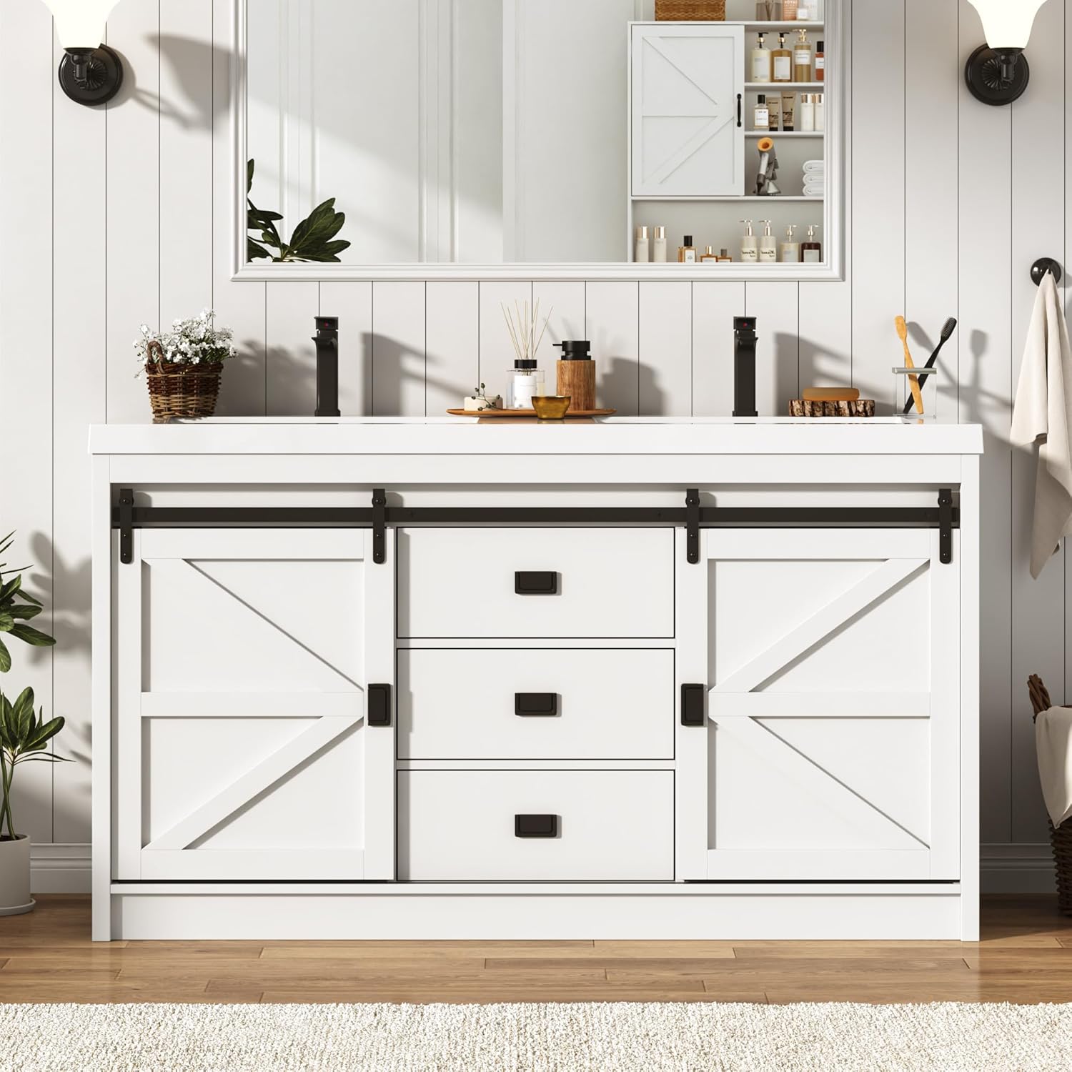 Blotout Double Bathroom Vanity with Sink & Faucet & Sewer Pipes, 59" Farmhouse Bathroom Vanity Cabinet Set with Sliding Barn Door & 3 Drawers, Freestanding Bath Storage Vanity Sink
