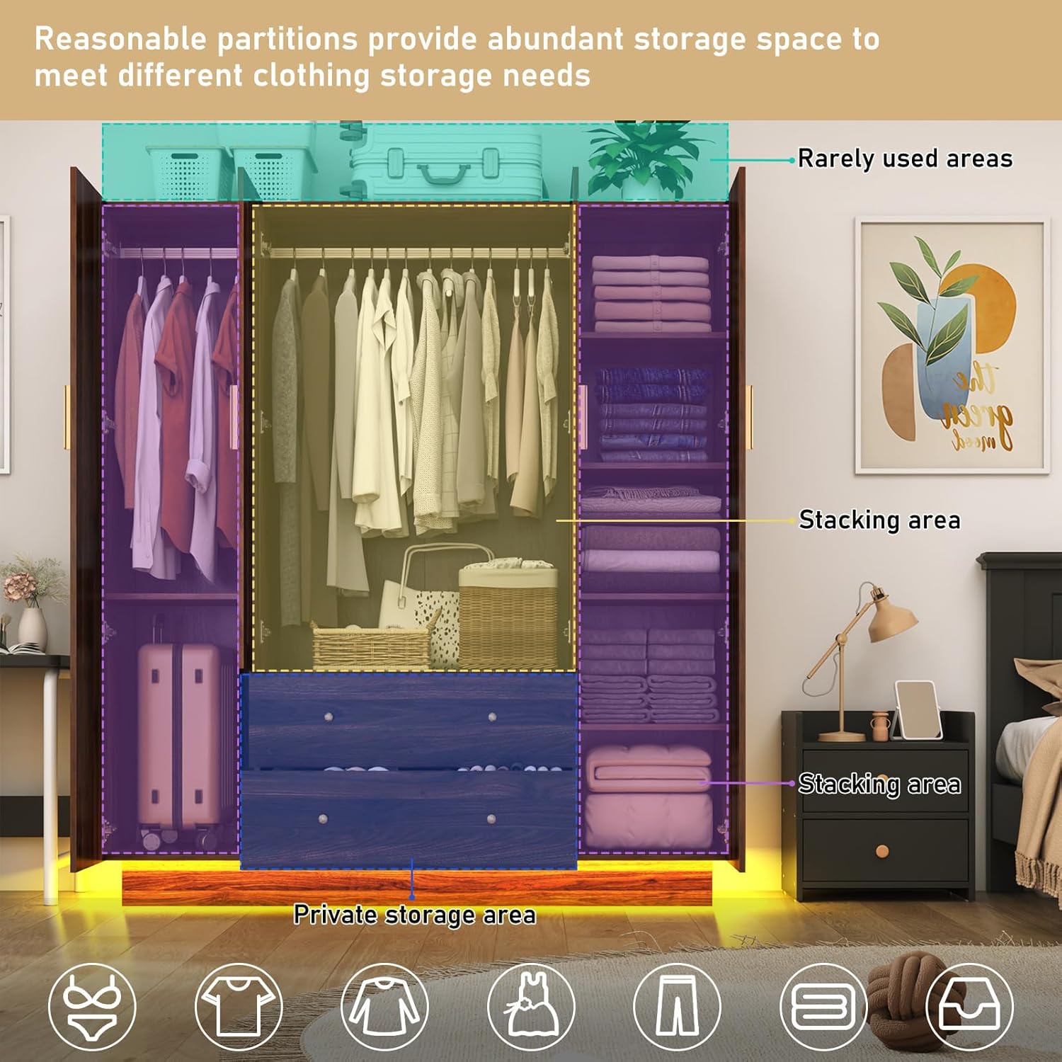 Blotout 70" Armoire Wardrobe Closet with Mirror, LED Wardrobe Armoire with 2 Drawers, 4 Door Wood Armoire Storage with Hanging Rods and Multi-Layer Shelves