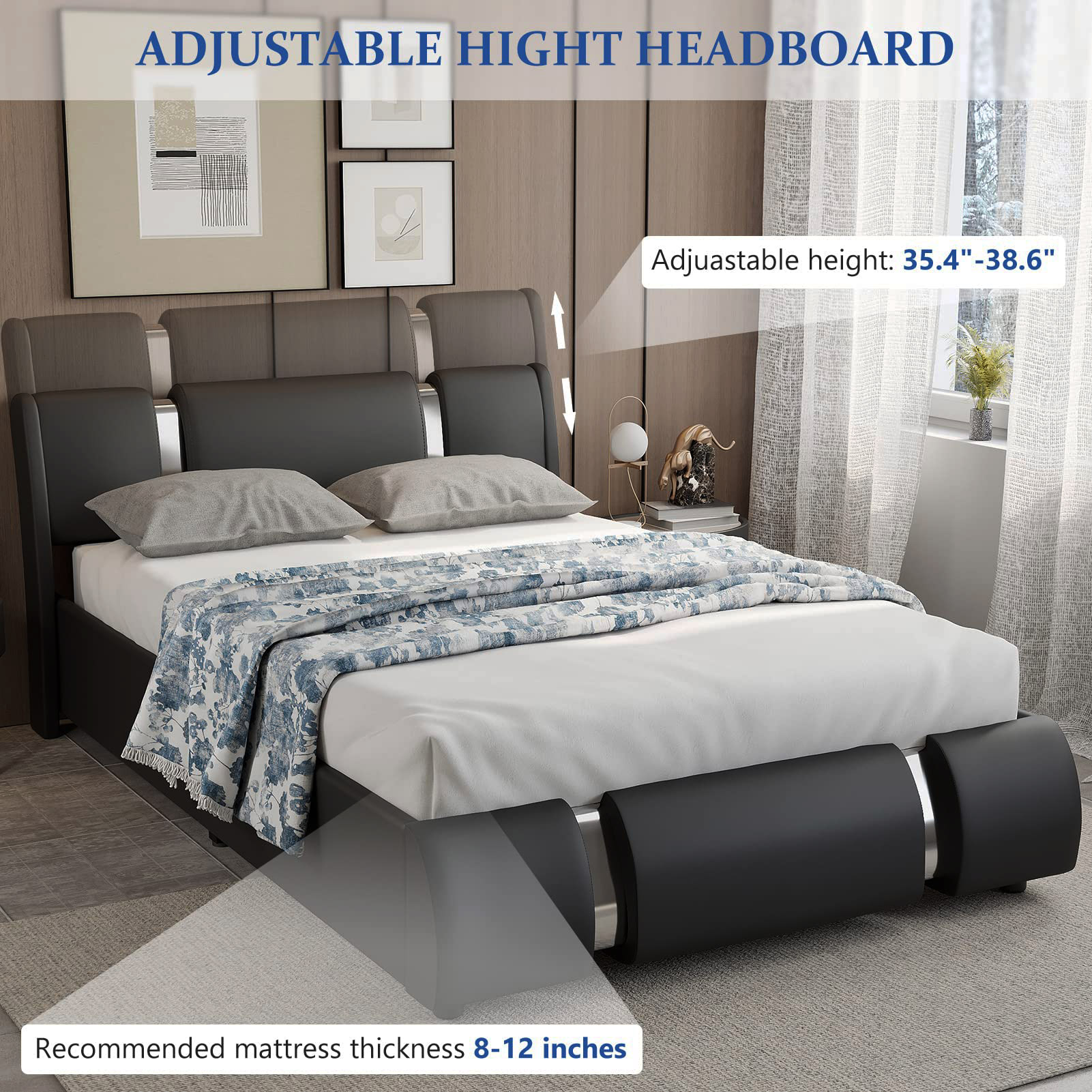 Faux Leather Bed Frame with LED Light Headboard, Modern Platform Bed Frame Deluxe Upholstered Bed with Curved Backrest