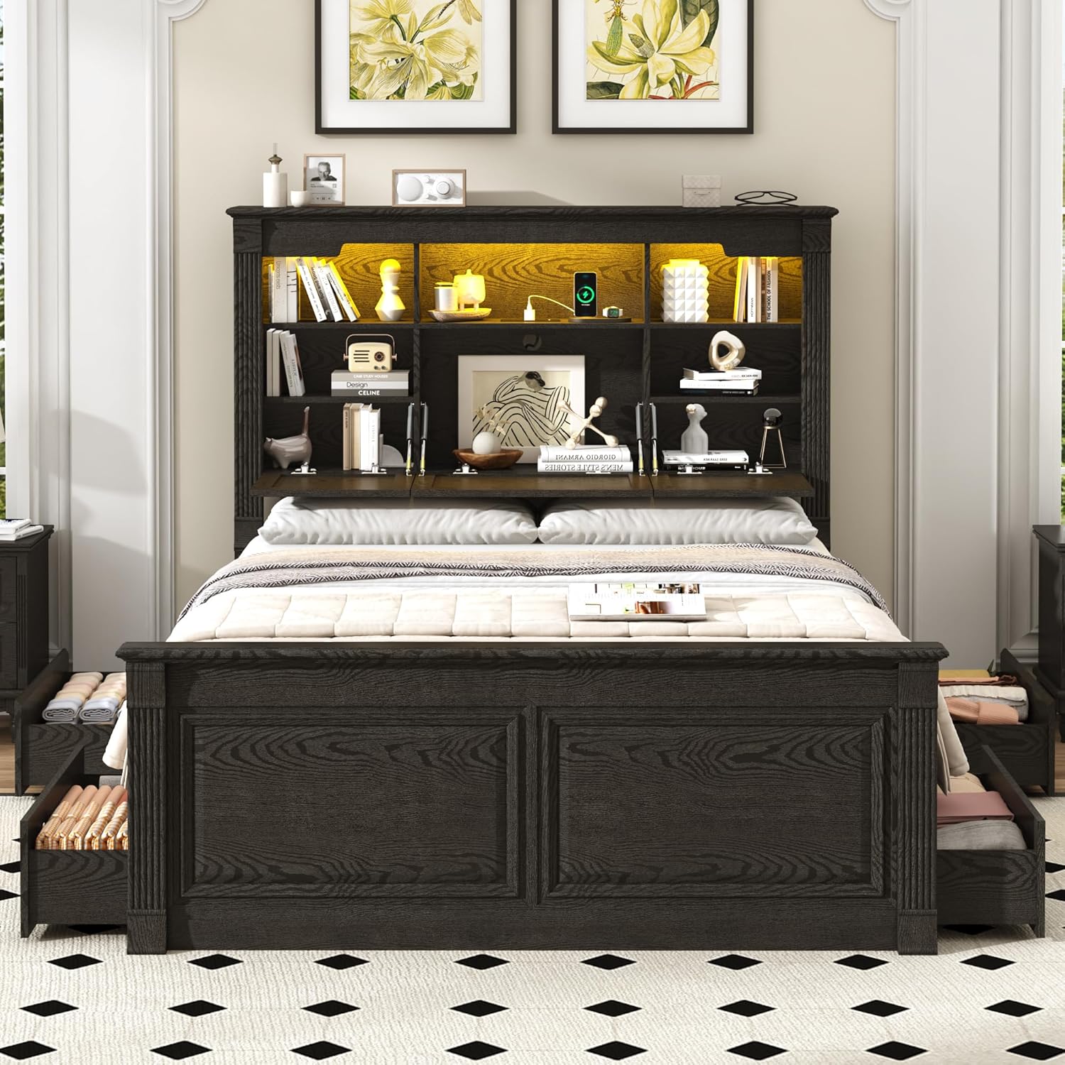 Blotout Farmhouse King Size Bed Frame with 55" Tall Storage Bookcase Headboard & 4 Drawers, Wood Platform Bed Frame with 24" Roman Colum Footboard, LED Light, Charging Station, No Box Spring Needed