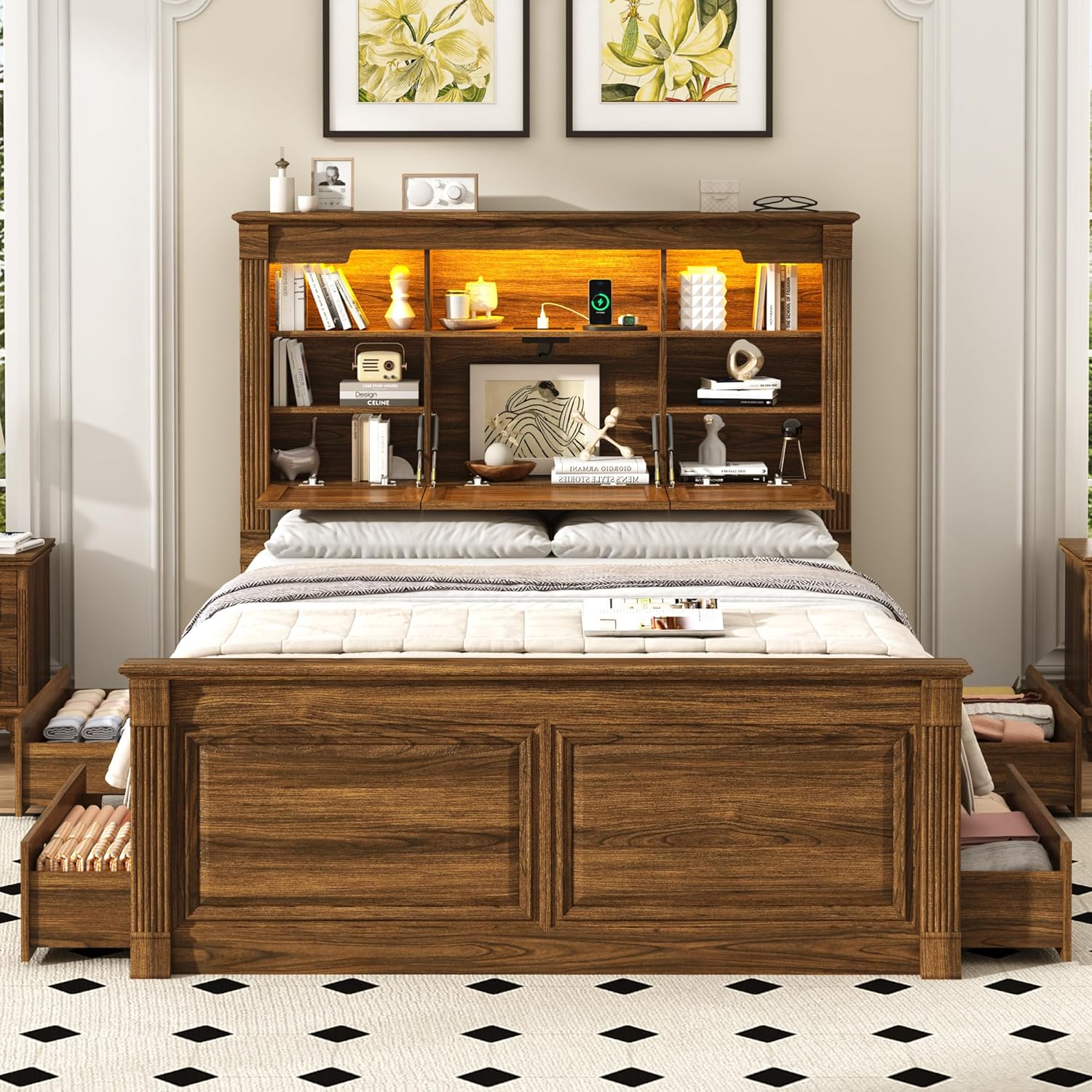 Blotout Farmhouse King Size Bed Frame with 55" Tall Storage Bookcase Headboard & 4 Drawers, Wood Platform Bed Frame with 24" Roman Colum Footboard, LED Light, Charging Station, No Box Spring Needed