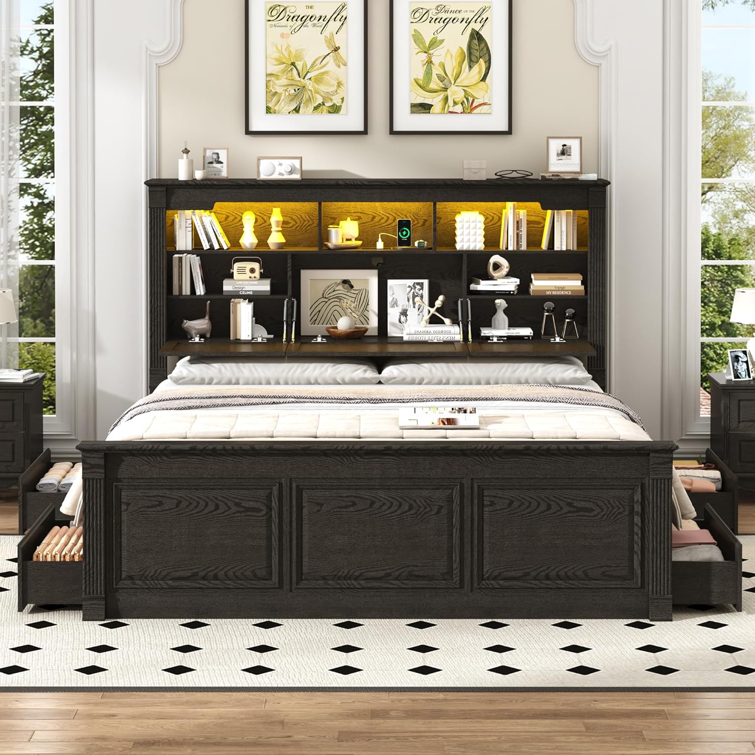 Blotout Farmhouse King Size Bed Frame with 55" Tall Storage Bookcase Headboard & 4 Drawers, Wood Platform Bed Frame with 24" Roman Colum Footboard, LED Light, Charging Station, No Box Spring Needed