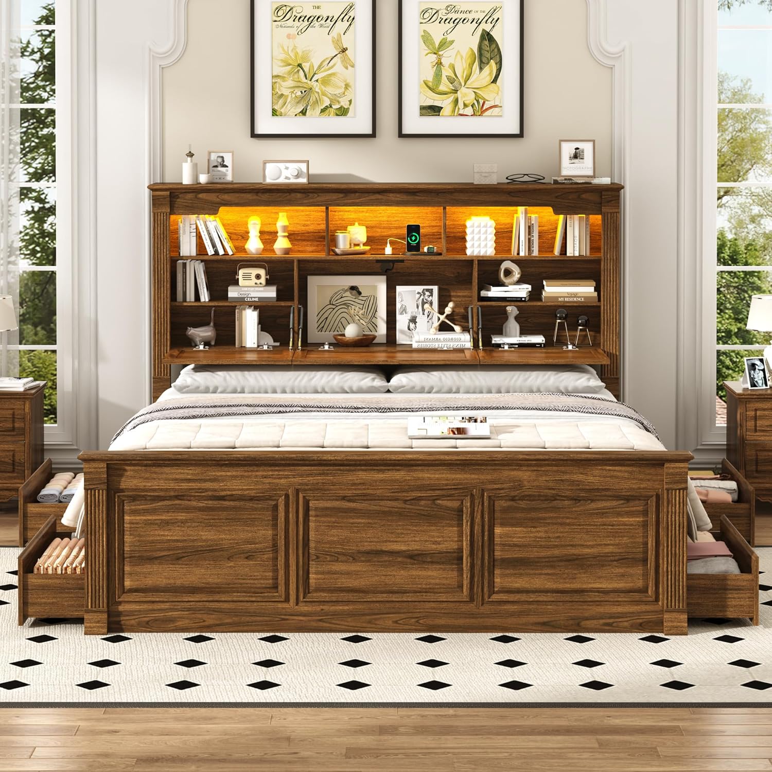 Blotout Farmhouse King Size Bed Frame with 55" Tall Storage Bookcase Headboard & 4 Drawers, Wood Platform Bed Frame with 24" Roman Colum Footboard, LED Light, Charging Station, No Box Spring Needed