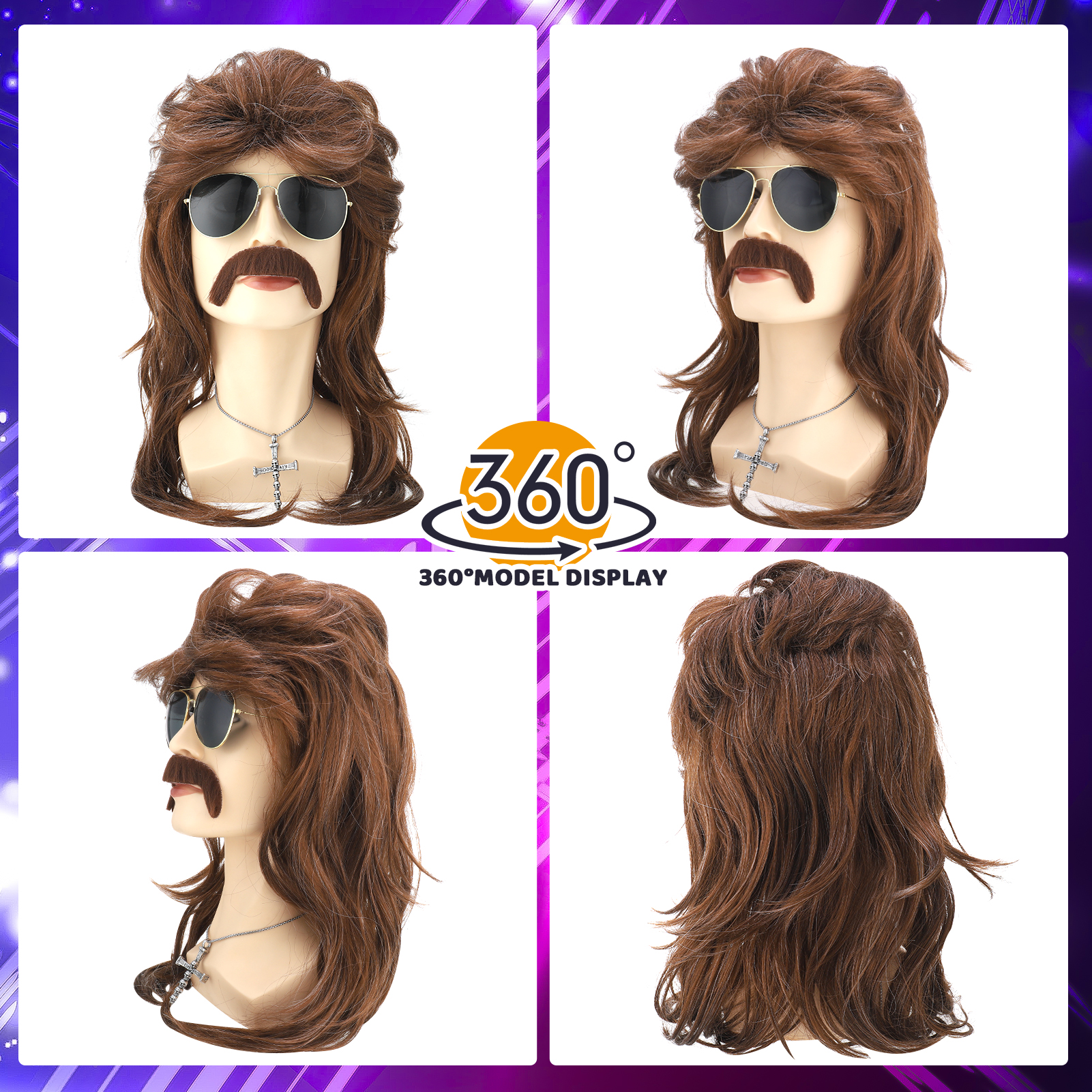 sixwipe 8 Pack 70s 80s Mullet Wigs Set for Men, Disco Wigs with Mustache Glasses and Chain, Kinky Curly/Straight Wigs, Funny Costume Wigs for Rocker Hippies Halloween Cosplay Party