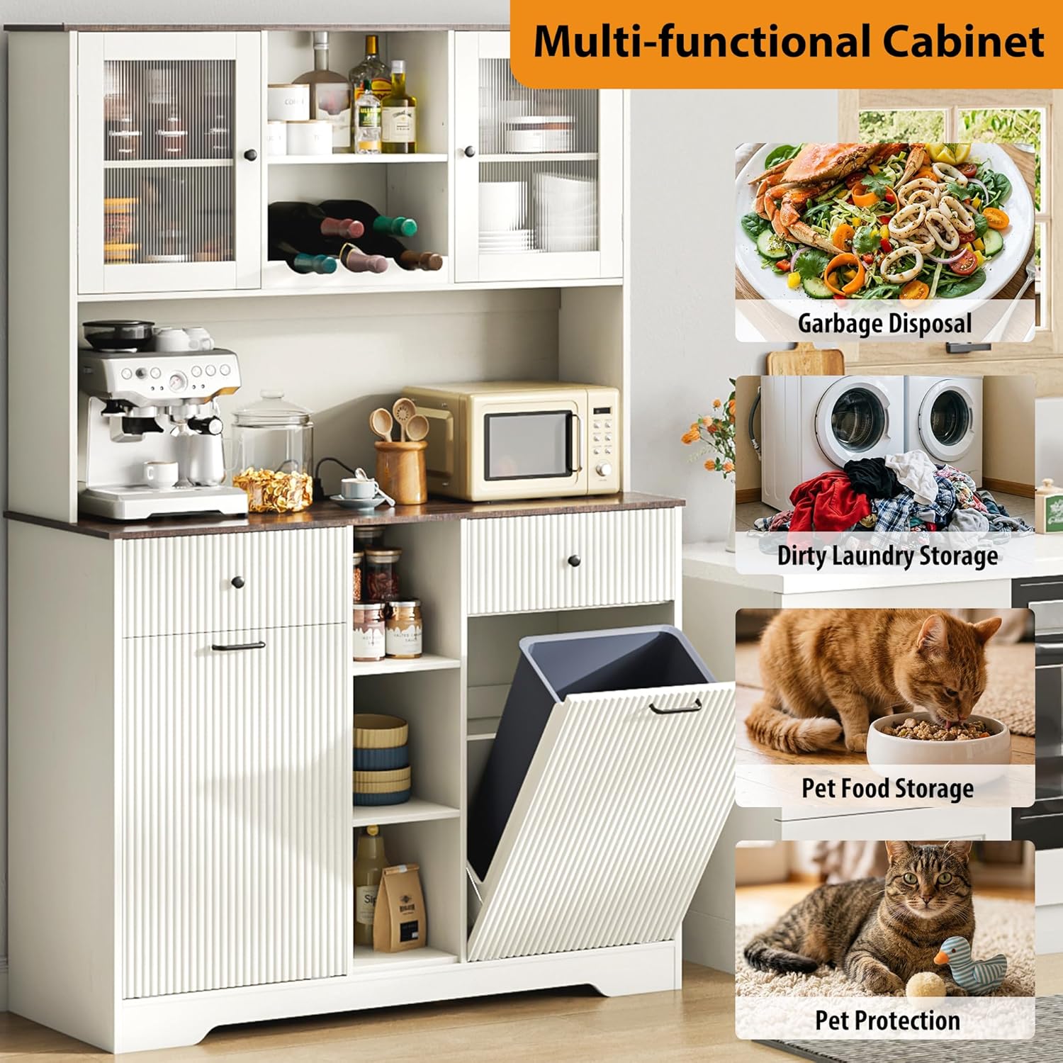 Blotout 47" Wide Kitchen Pantry Storage Cabinet with Charging Station & Microwave Stand, Tall Fluted Kitchen Hutch Cabinet, Double Tilt Out Trash Can Cabinet 10X2 Gallon