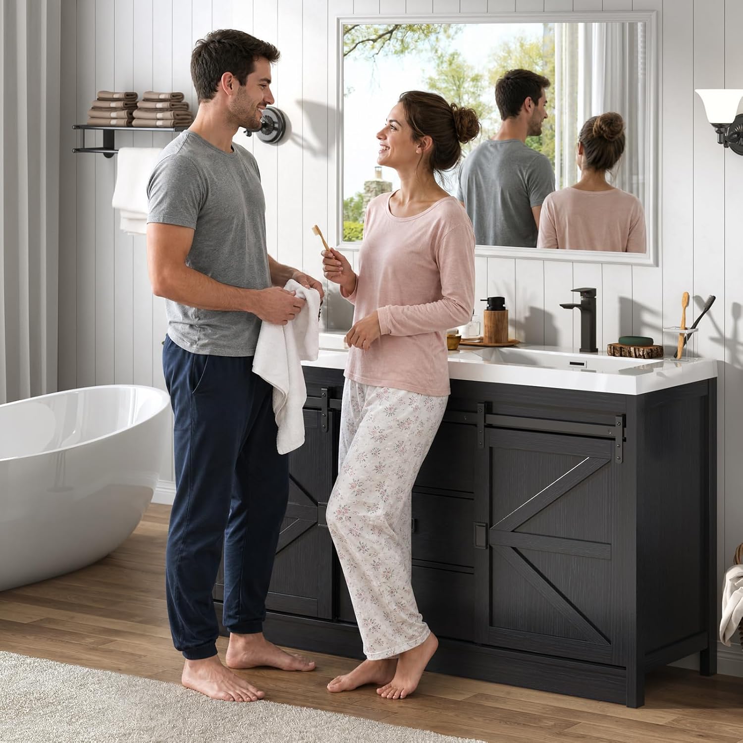 Blotout Double Bathroom Vanity with Sink & Faucet & Sewer Pipes, 59" Farmhouse Bathroom Vanity Cabinet Set with Sliding Barn Door & 3 Drawers, Freestanding Bath Storage Vanity Sink