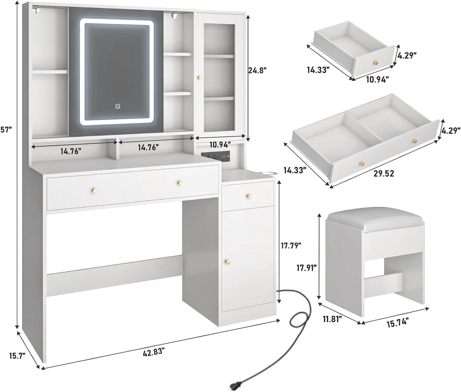 Black Vanity Desk with Sliding Mirror & Lights, Vanity Table Makeup Desk with Charging Station 2 Drawers 2 Doors, Lots of Storage Shelves, Large Vanity Set with Cushioned Stool