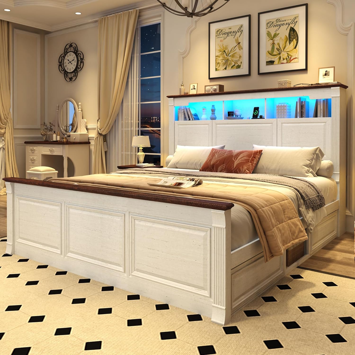 Blotout Farmhouse King Size Bed Frame with 55" Tall Storage Bookcase Headboard & 4 Drawers, Wood Platform Bed Frame with 24" Roman Colum Footboard, LED Light, Charging Station, No Box Spring Needed