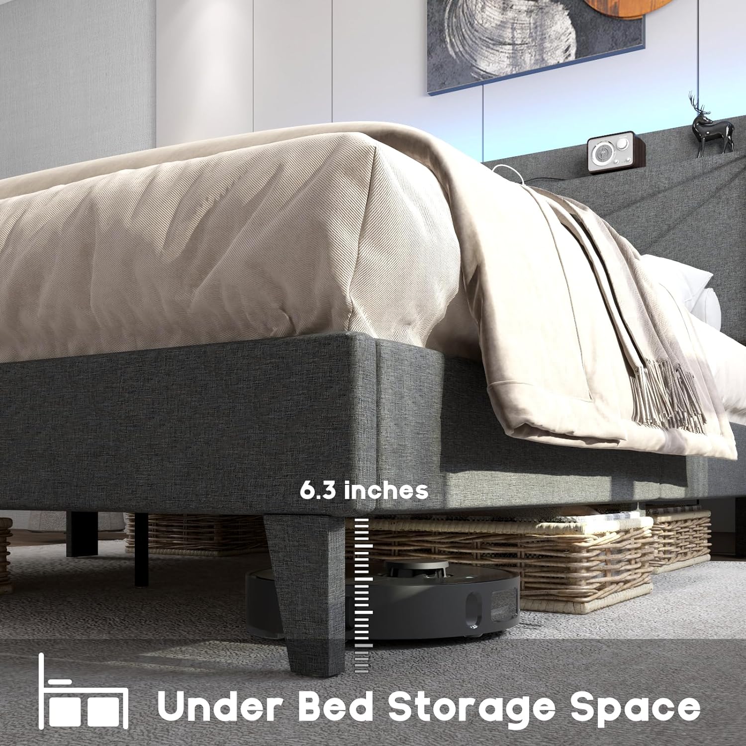 Wingback Upholstered Bed Frame with LED Headboard & Charging Ports