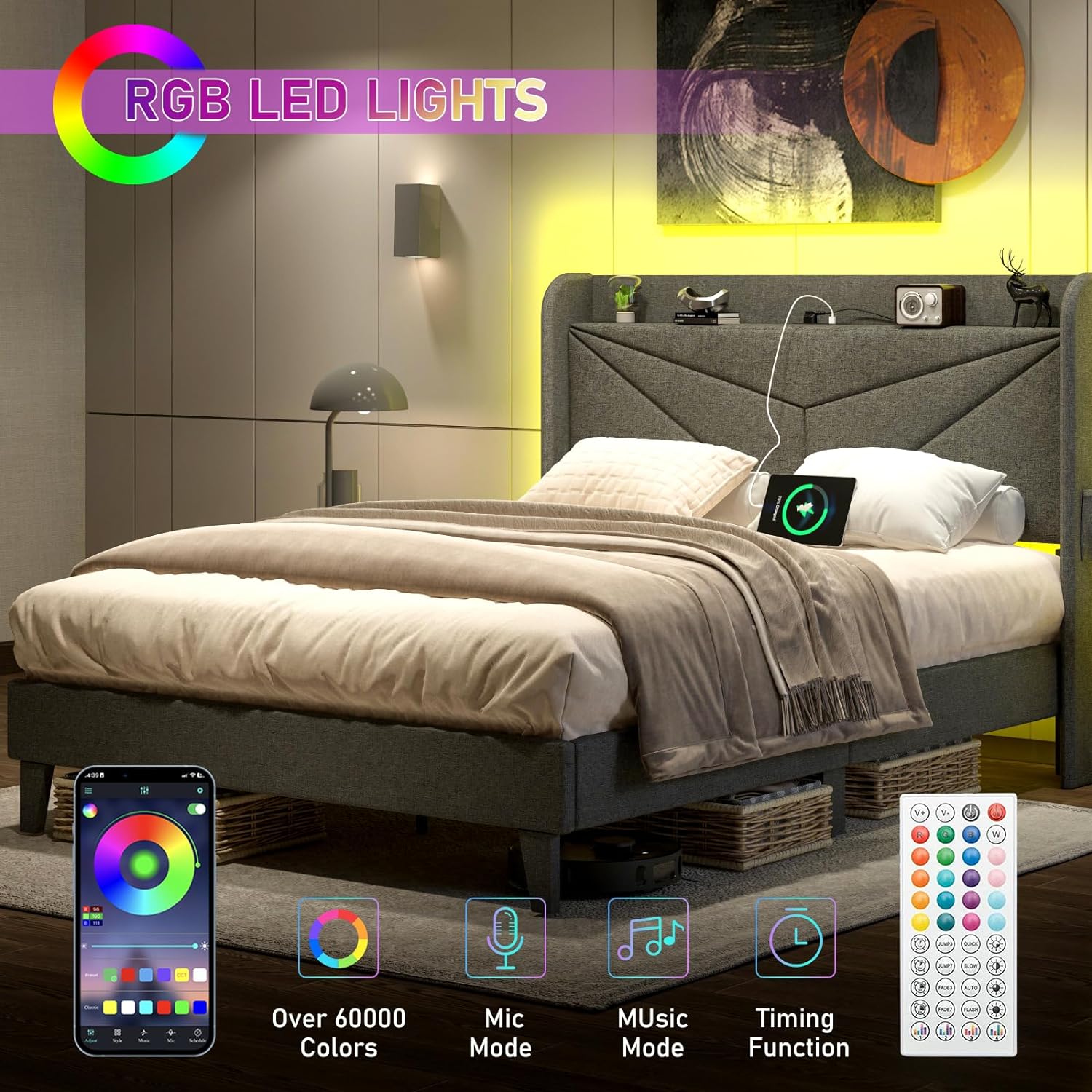 Wingback Upholstered Bed Frame with LED Headboard & Charging Ports