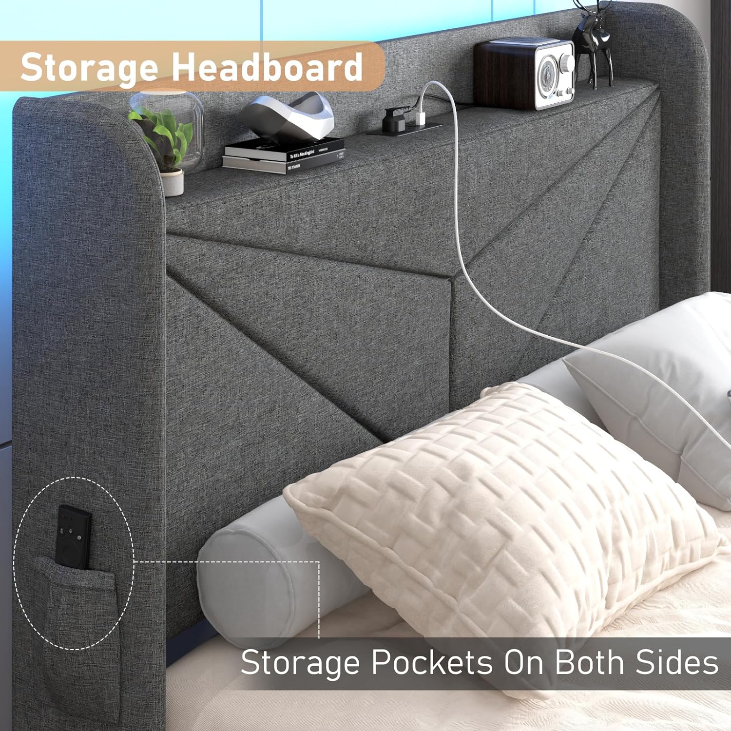 Wingback Upholstered Bed Frame with LED Headboard & Charging Ports