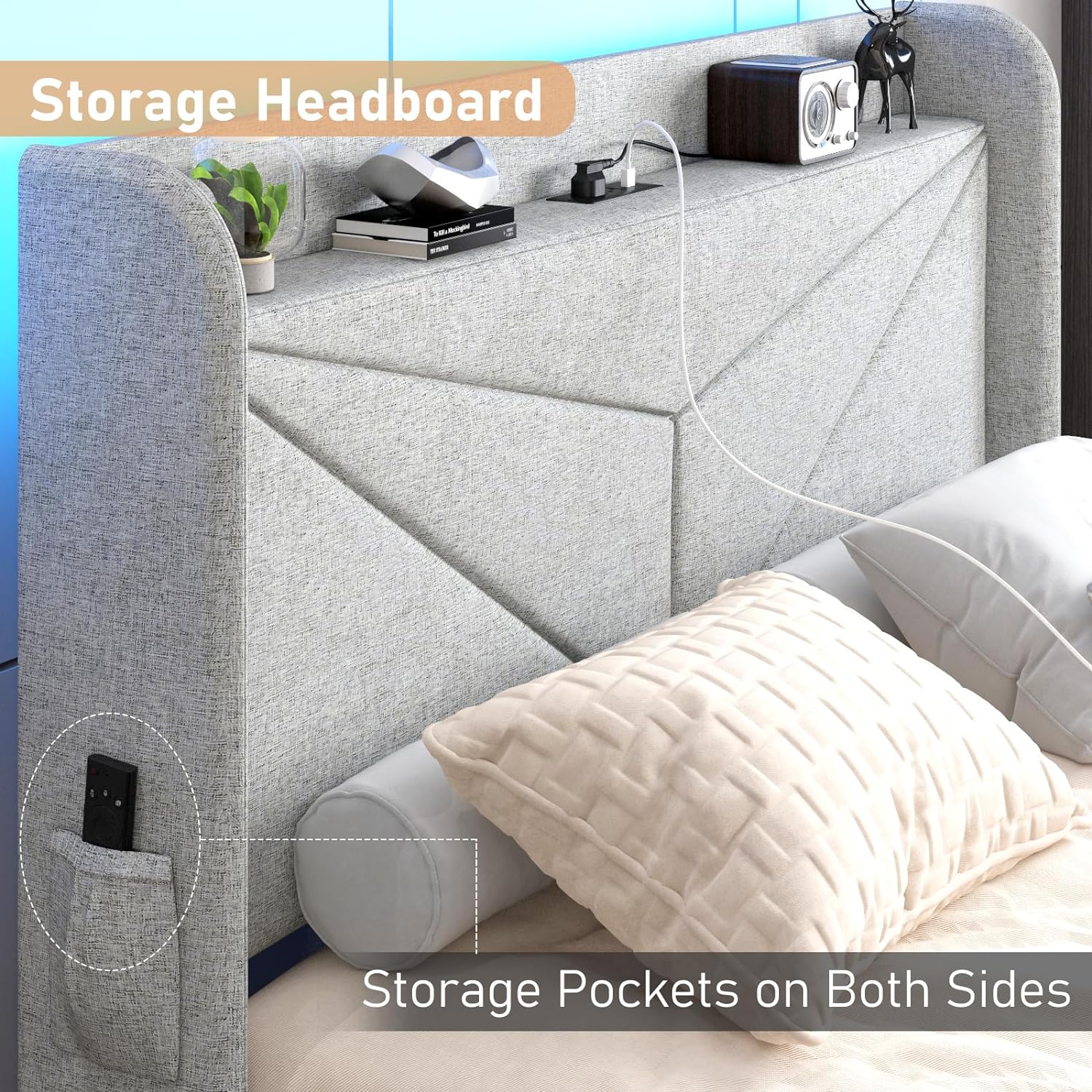 Wingback Upholstered Bed Frame with LED Headboard & Charging Ports