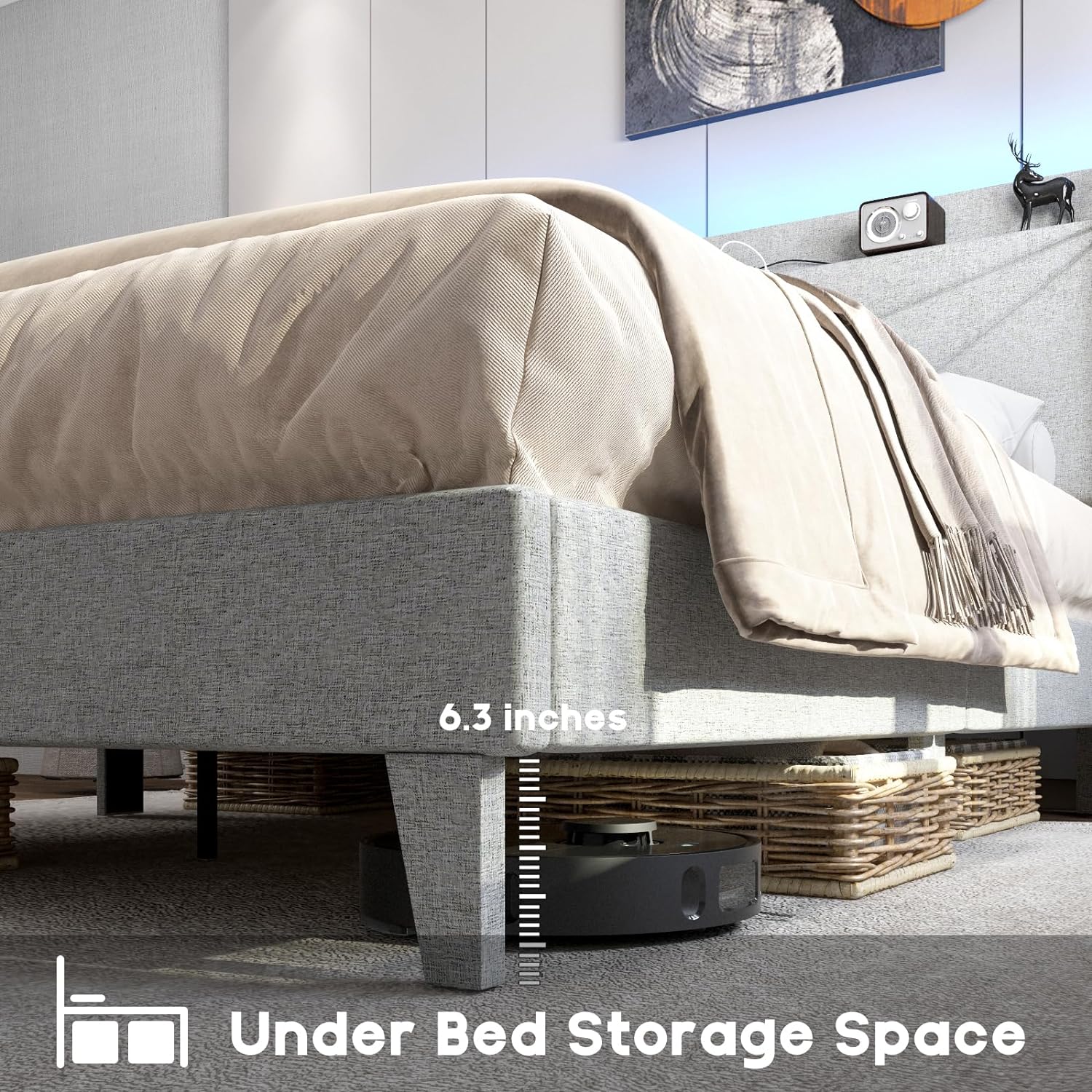 Wingback Upholstered Bed Frame with LED Headboard & Charging Ports