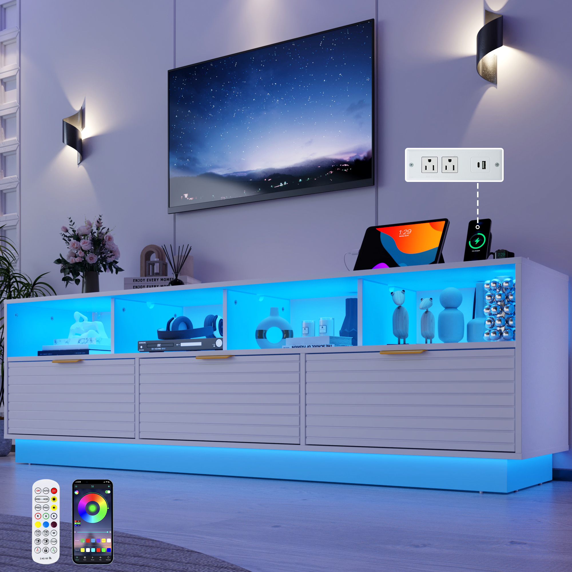 Blotout LED TV Stand for up to 85'' TVs with Power Outlet, 70'' Large Entertainment Center Console Table with 3 Storage Cabinet & Gaming Soundbar Shelf for Living Room, Bedroom