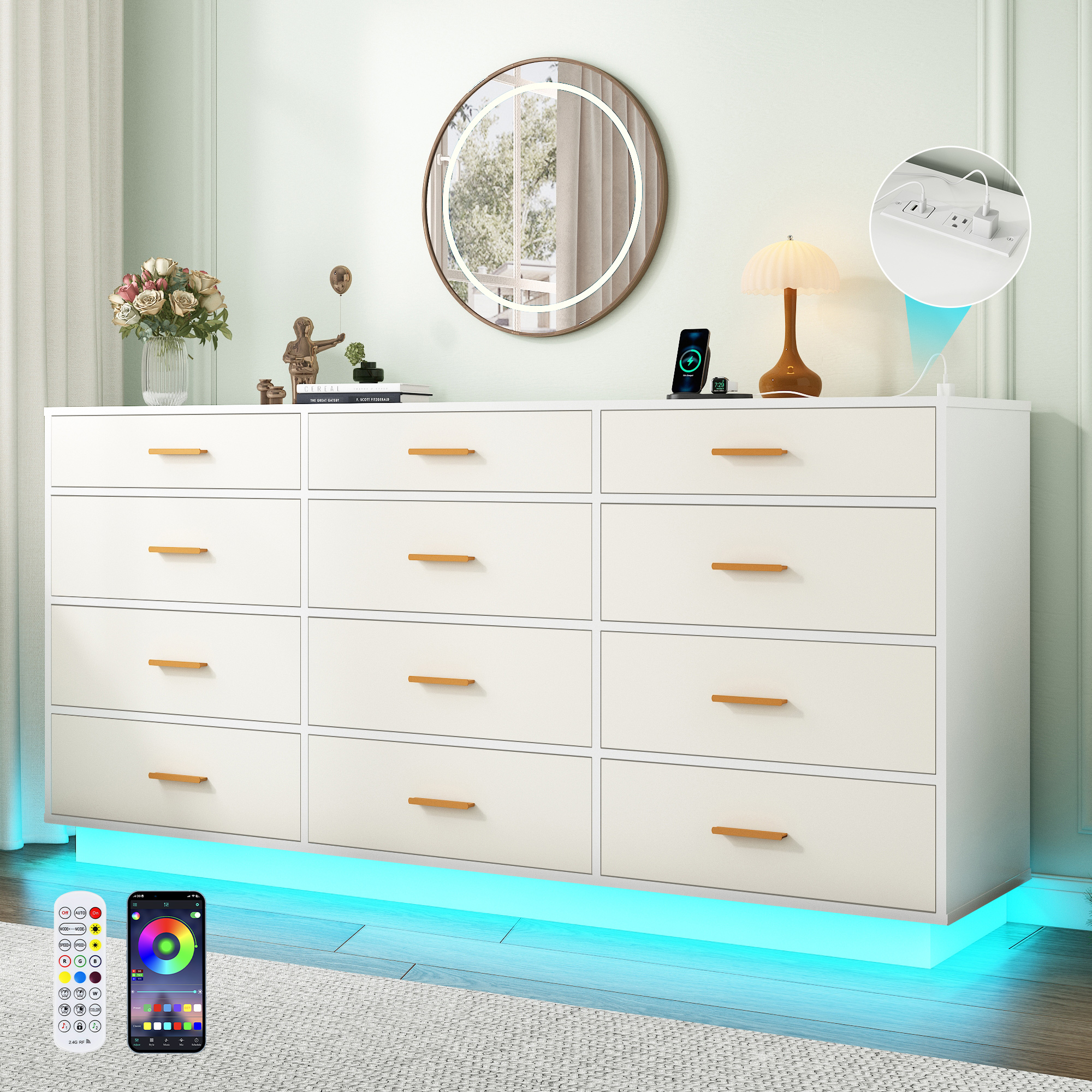 Blotout 12 Drawers Dresser w/Power Outlet, 60000 Colors Lights, 63''Long Wooden Dresser Chest w/Anti-toppling Design, Metal Handles Dresser for Living Room, Hallway, Entryway, Bedroom