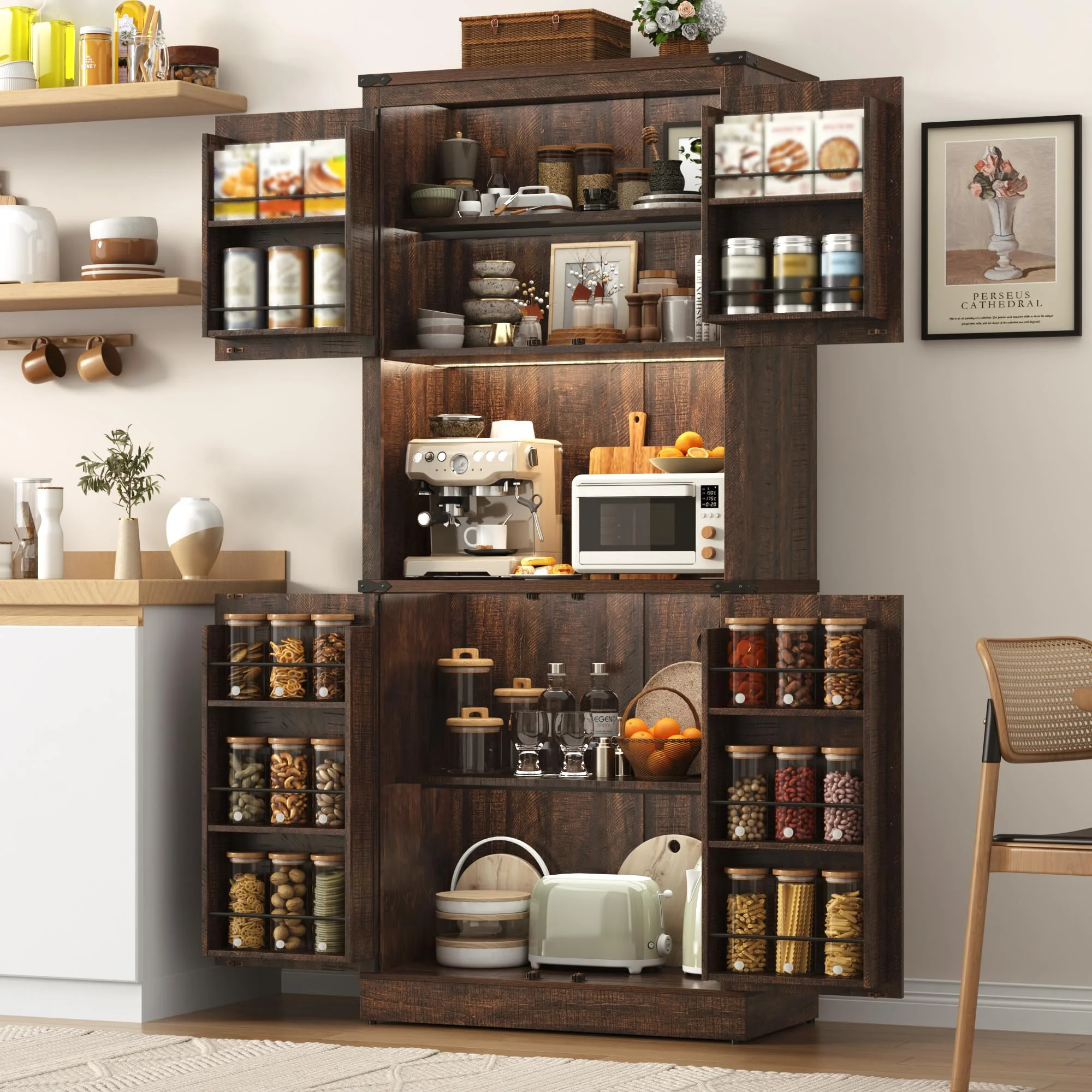 72"Tall Farmhouse Kitchen Pantry Cabinet with 10 Side Shelves and LED Light&Power Outlet,5 Layers Pantry Storage Cabinet with Barn Doors&Load-Bearing Steel Pipe for Dining Room,Living Room