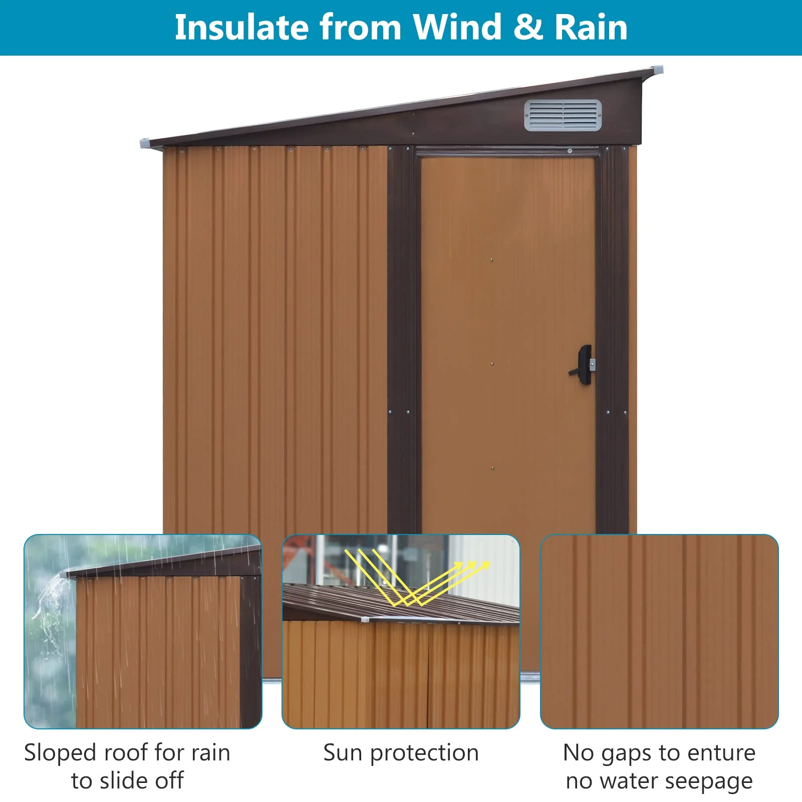 7' x 5' Outdoor Metal Storage Shed Garden Shed with Lockable Doors and Vents, Tools Shed Bike Shed Pet House for Backyard, Patio, Lawn, Brown